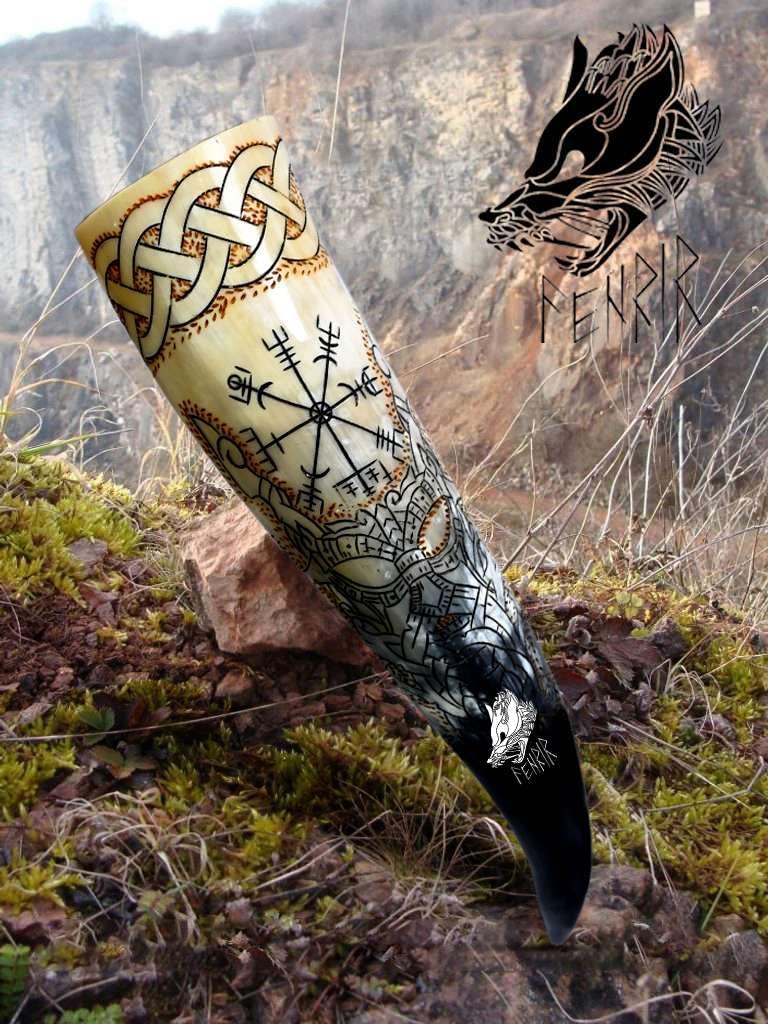 FENRIR Viking Drinking Horn With Stand & Thor Bottle Opener | Norse Medieval Authentic Ox Horn for Ale, Mead, Whiskey | Unique Gifts for Men & Women | 16-20 oz Odin & Vegvisir - Image 4