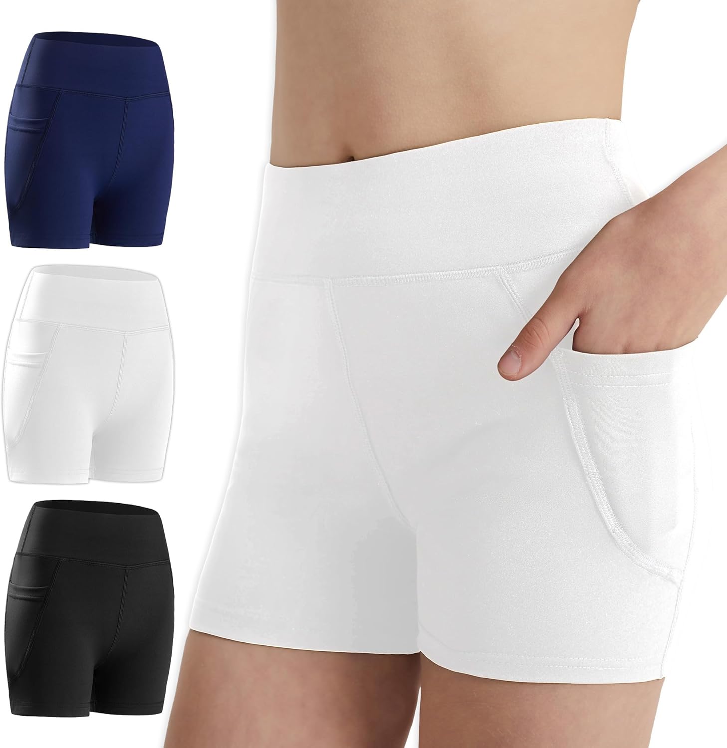 DIPUG Girls Volleyball Shorts 3 Pack with Pockets Kids High Waist Biker Shorts for Dance Yoga Cheer Gymnastics