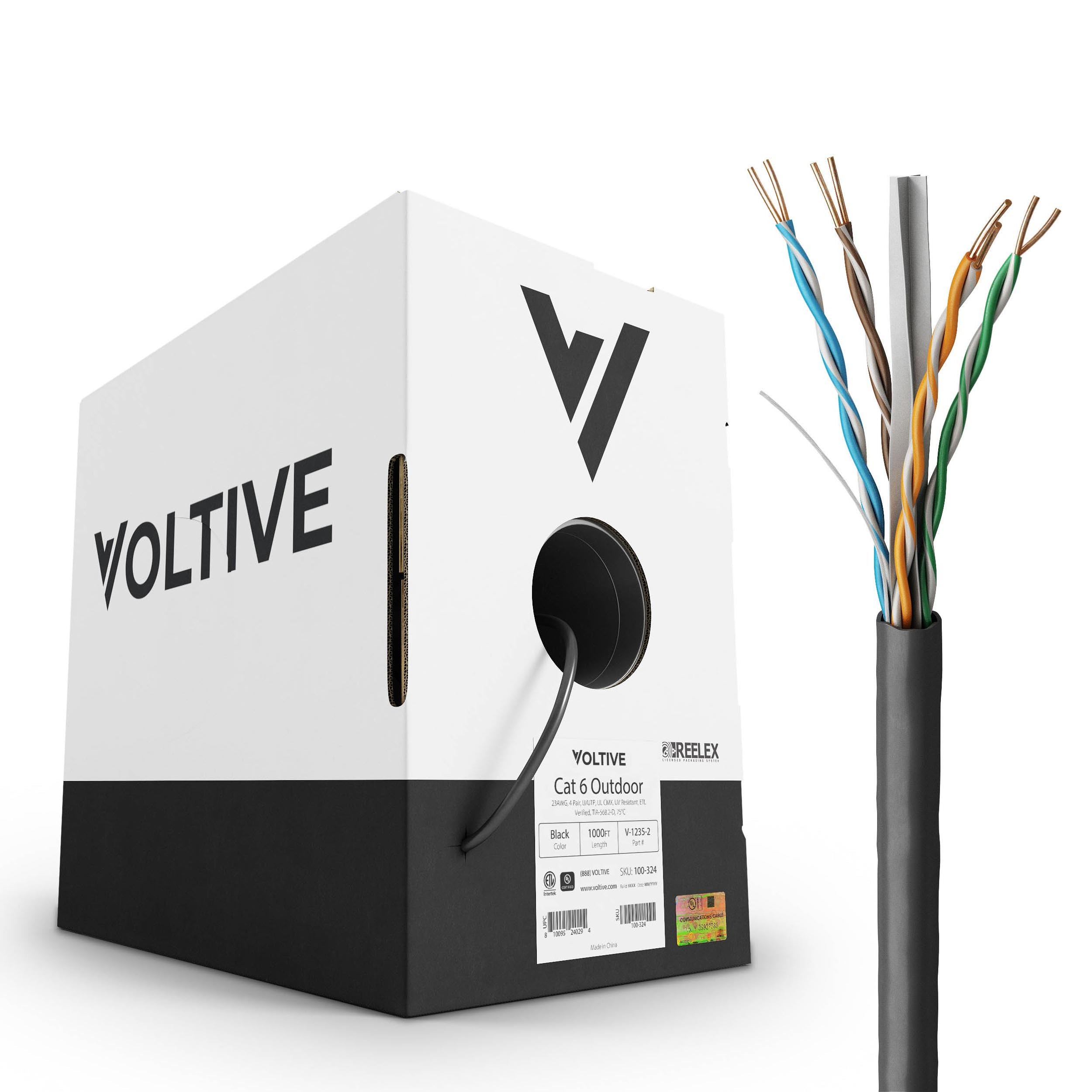 Voltive Cat6 Ethernet Cable, Outdoor (CMX), UV Resistant, Black, 1000ft - 23AWG 4 Pair Solid Bare Copper, UTP, 600MHz, UL Certified & ETL Verified - V
