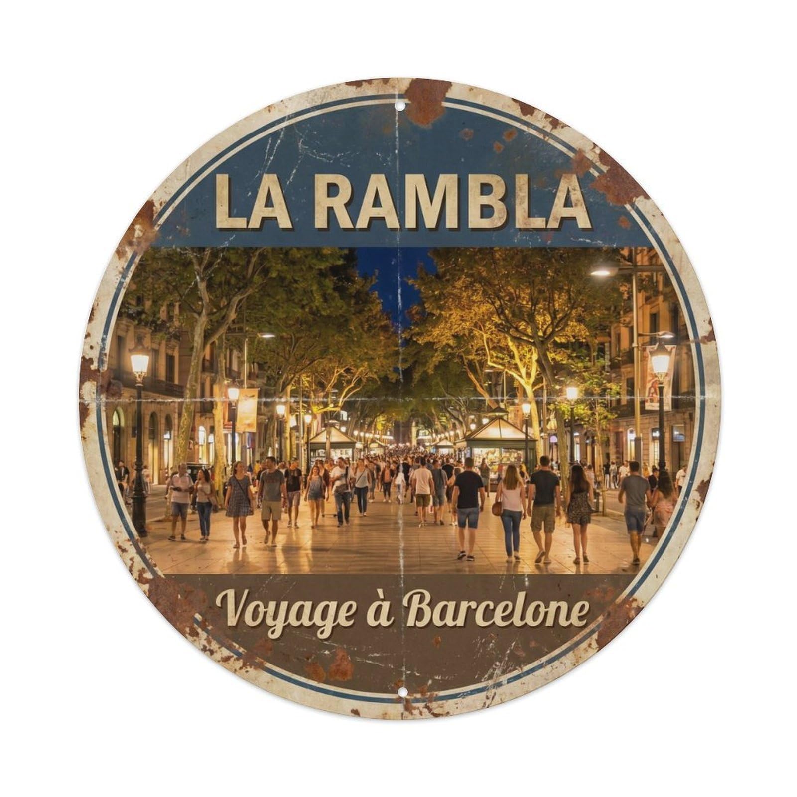 Barcelona La Rambla Vintage Catalan Street Travel Heritage Metal Tin Sign Plaque Wall Decor for Cafe, Man Cave, Club Bar, Office, Home Garden Round Metal Poster 8x8Inch