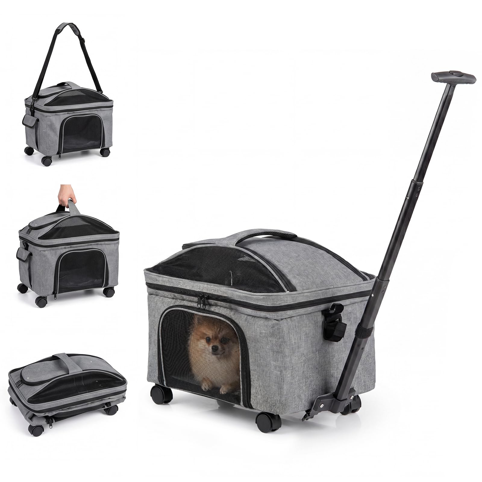 GYMAX Pet Carrier With Wheels, Foldable Soft-sided Dog Travel Crate with Telescopic Handle, Shoulder Strap, Washable Pad, Safety Leash & Storage Pocket, Rolling Cat Carrier (Gray,43 x 33 x 35 cm)