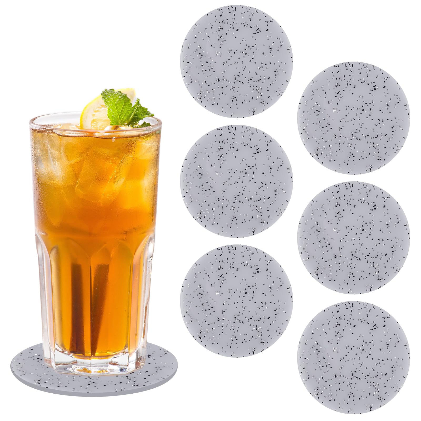 Crushed Diamond Acrylic Coaster, 6 Pieces, 3.7 Inch Round, Heat Resistant, Anti Slip, Durable Cup Mats for Home, Party, Festival Decoration (Gray)