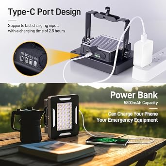LED Solar Portable Camping Lights with Stand dimmable, 2000LM, Solar Rechargeable Work Lights with Magnetic,IP67 Waterproof, 5 Light Modes Portable Flood Light, Camping Lantern for Indoor Outdoor