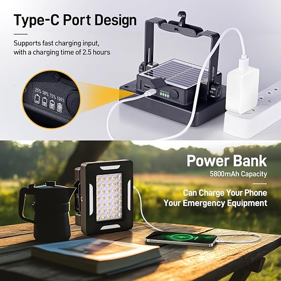 LED Solar Portable Camping Lights with Stand dimmable, 2000LM, Solar Rechargeable Work Lights with Magnetic,IP67 Waterproof, 5 Light Modes Portable Flood Light, Camping Lantern for Indoor Outdoor