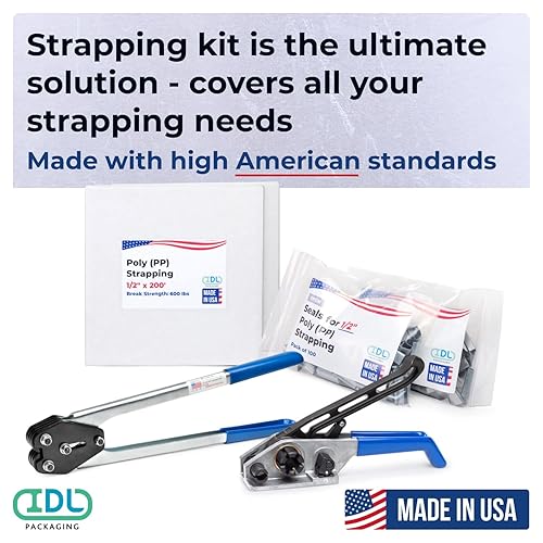 Miniatura 88 de IDL Packaging Kit de flejado de polipropileno (PP) portátil de 1/2 pulgada x 1000 pies, resistencia a la rotura de 600 libras, solución de flejado