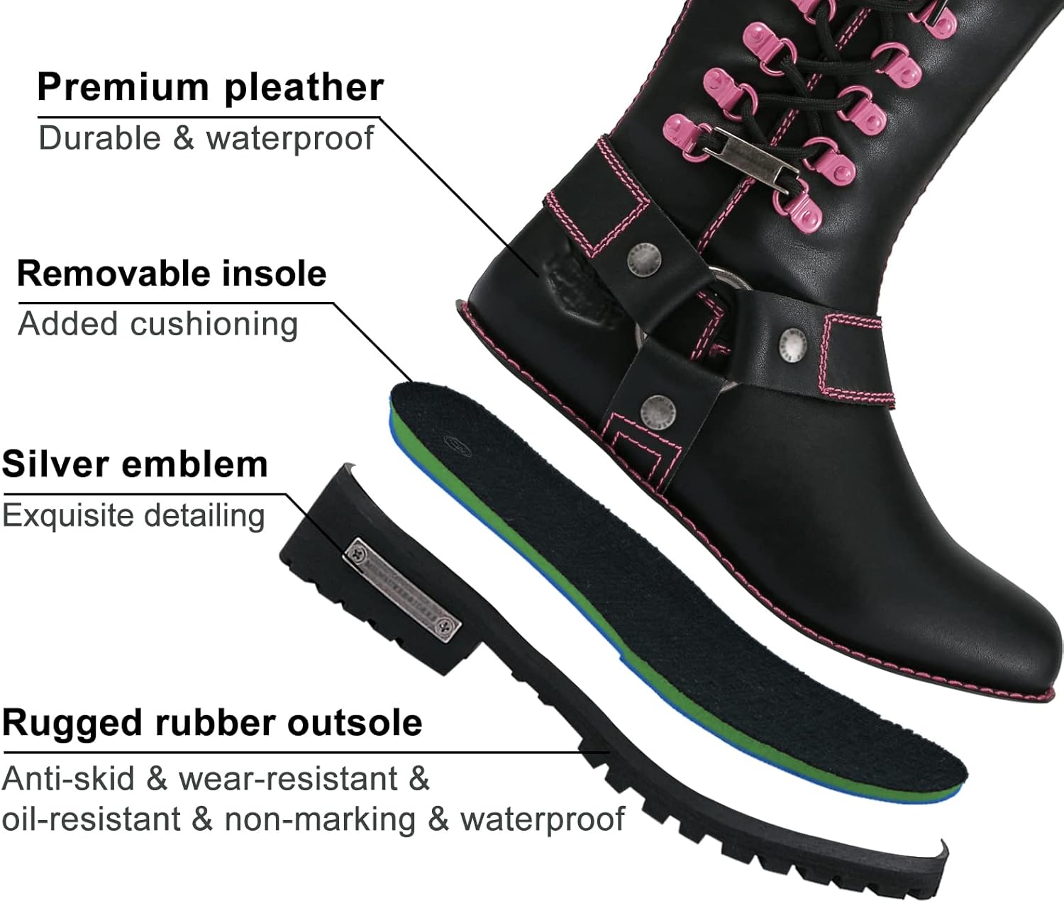 Dream Apparel Women's Harness Motorcycle Riding Boots for Biker, Square Toe Lace Up Knee High Boots with Side Zipper, Black PU Leather Footwear Ladies