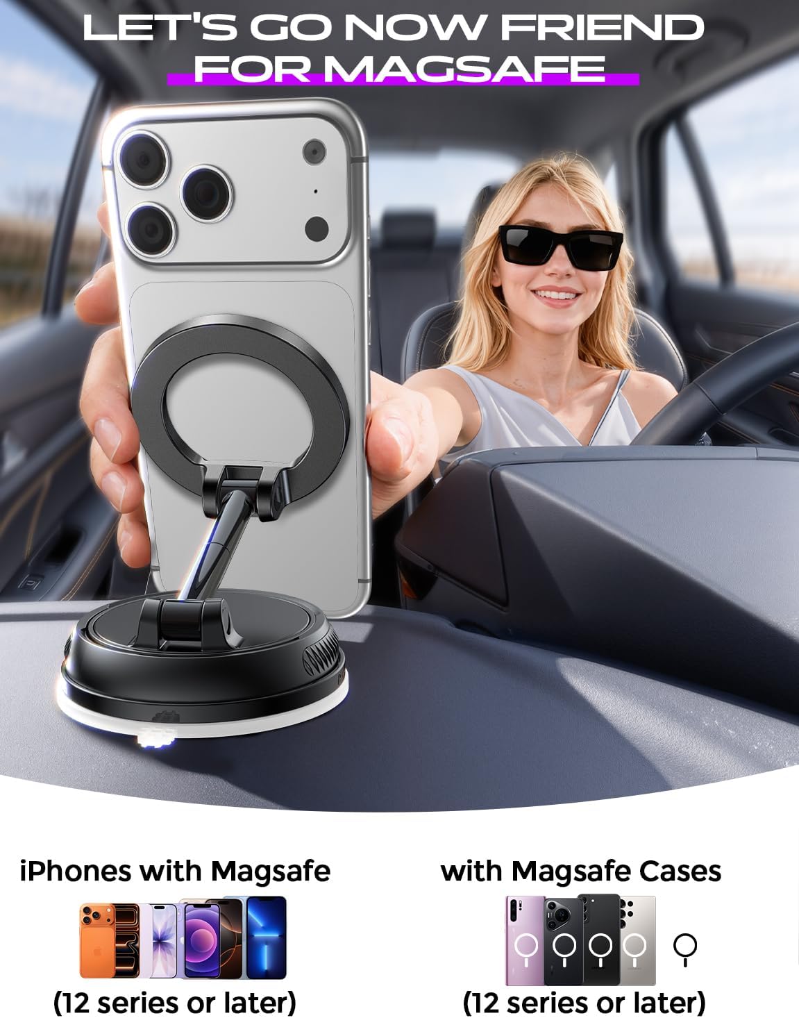 Car Phone Holder for Magsafe,[122+LBS Strongest Suction & 2400gf Magnetic],360° Adjustable,Phone Holders for Your Car,Car Phone Mount,Car Accessories for Your Car/Gym/Mirror Mount for iPhone&Android