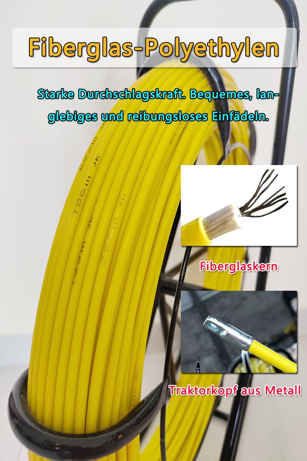 Glasfaser Einziehband 100m, Gelbes Fiberglas-Zugband 6mm mit Stahlgestell, Rodagezügel für Kabelverlegung ohne Bremse (6mm x 100m)