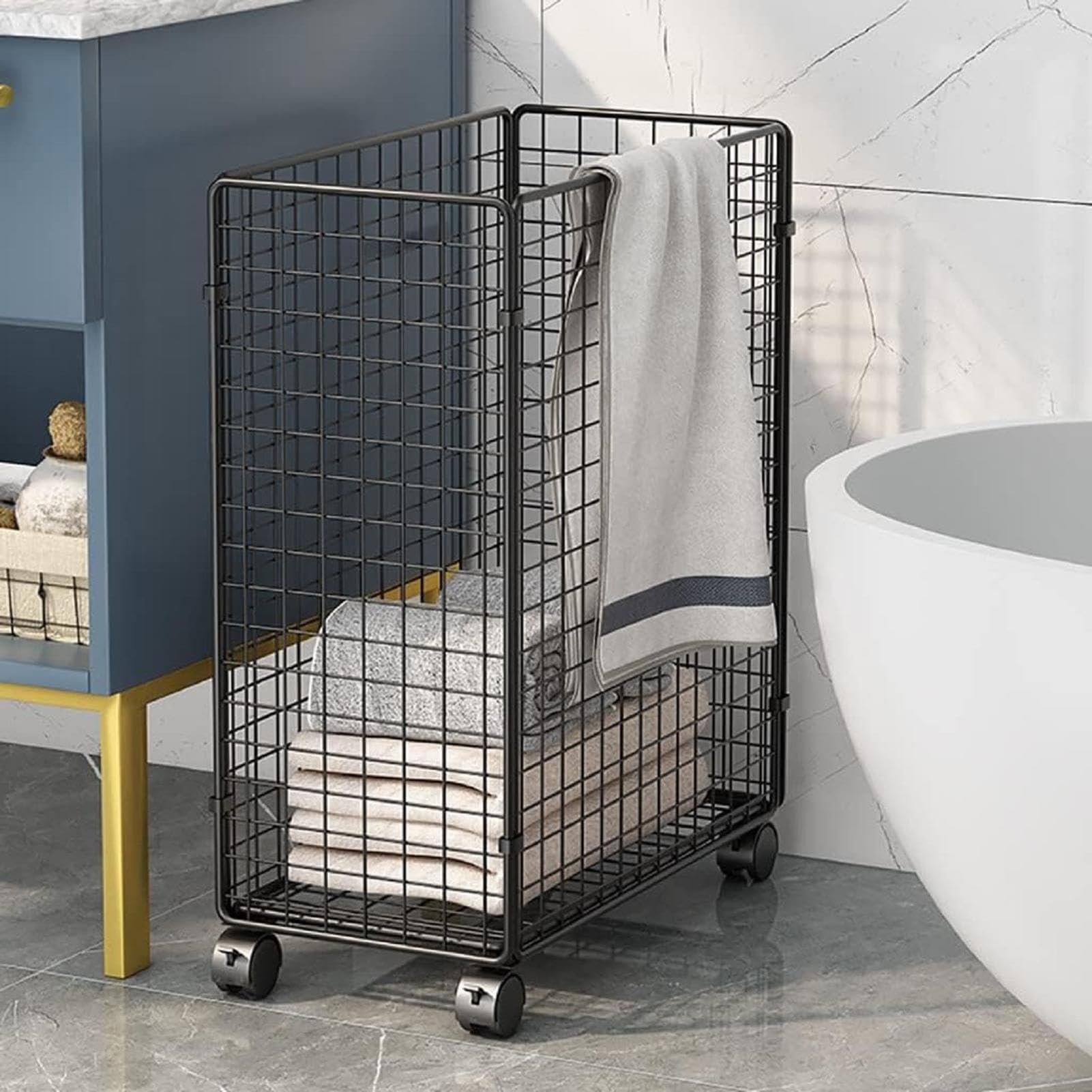 Carrello portabiancheria in Rete, Cesto portabiancheria in Metallo, Carrello portabiancheria Sporca Pieghevole, Cesto portaoggetti per riporre i Vestiti, con Ruote, per Soggiorno, Bagno, Cam