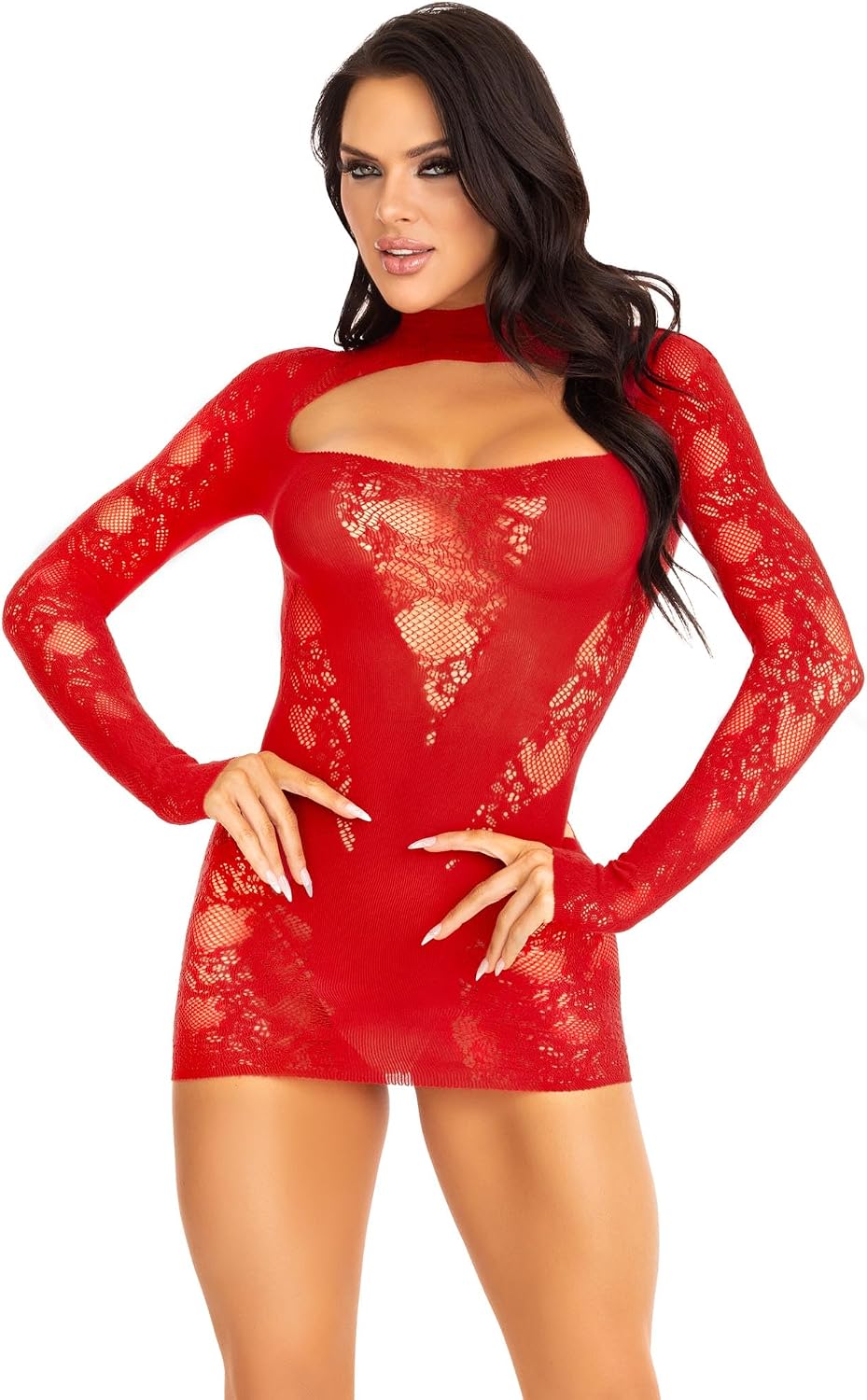 Leg Avenue Women's Lace Keyhole Mini Dress with Opaque Panel Detailing and Gloved Sleeves