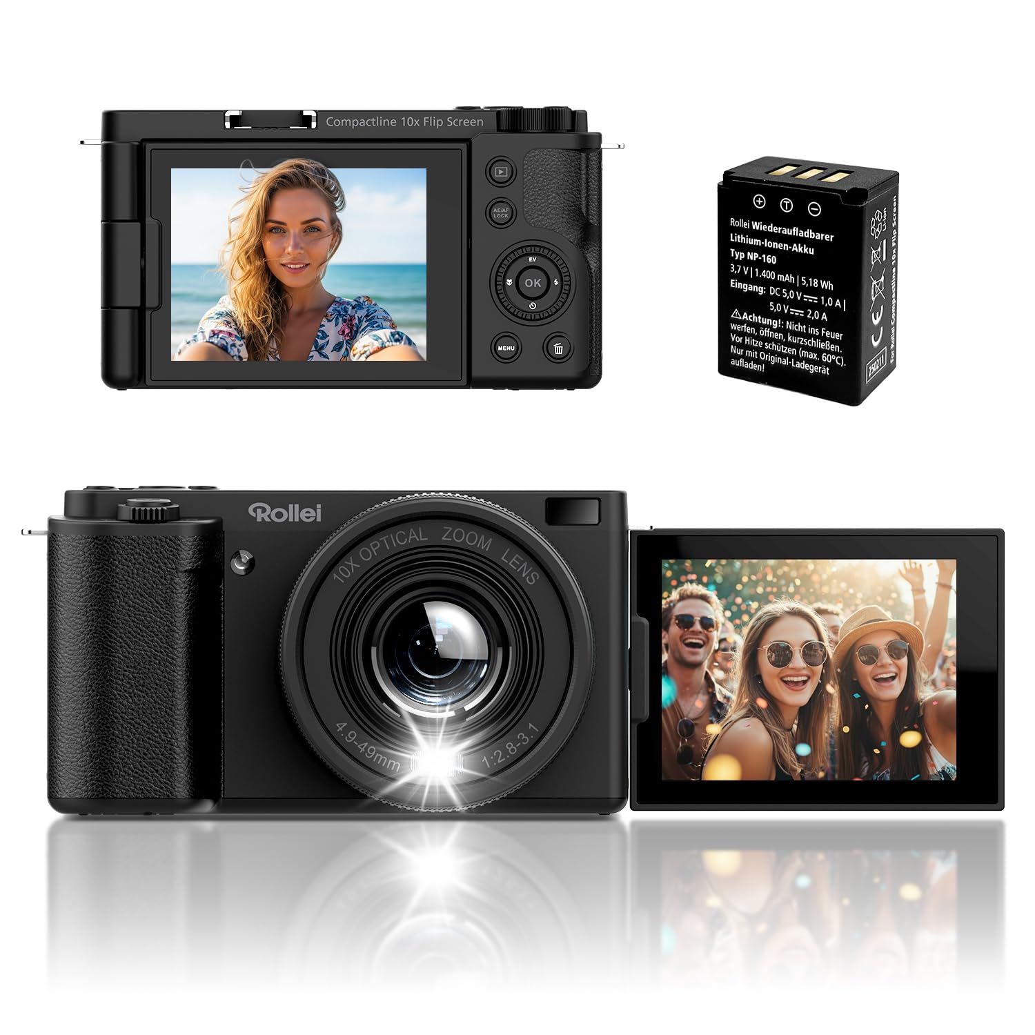 Rollei 64MP 4K Digitalkamera Compactline 10X Flip Screen 10X Optischer Zoom | Fotokamera mit 180° Dreh- & Schwenkbares 2,88" Display für Selfie Vlogging Fotoapparat Tragbar für Teens Anfänger Schwarz
