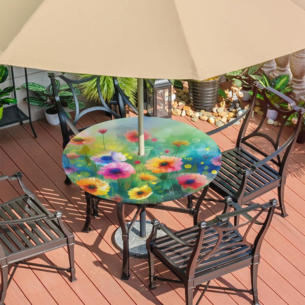 Watercolor Wildflower Floral Pattern Outdoor Tablecloth with Umbrella Hole, Round Elastic Fitted Table Cloth with Zipper, Waterproof Picnic Patio Table Covers Fits 36-44 in Tables