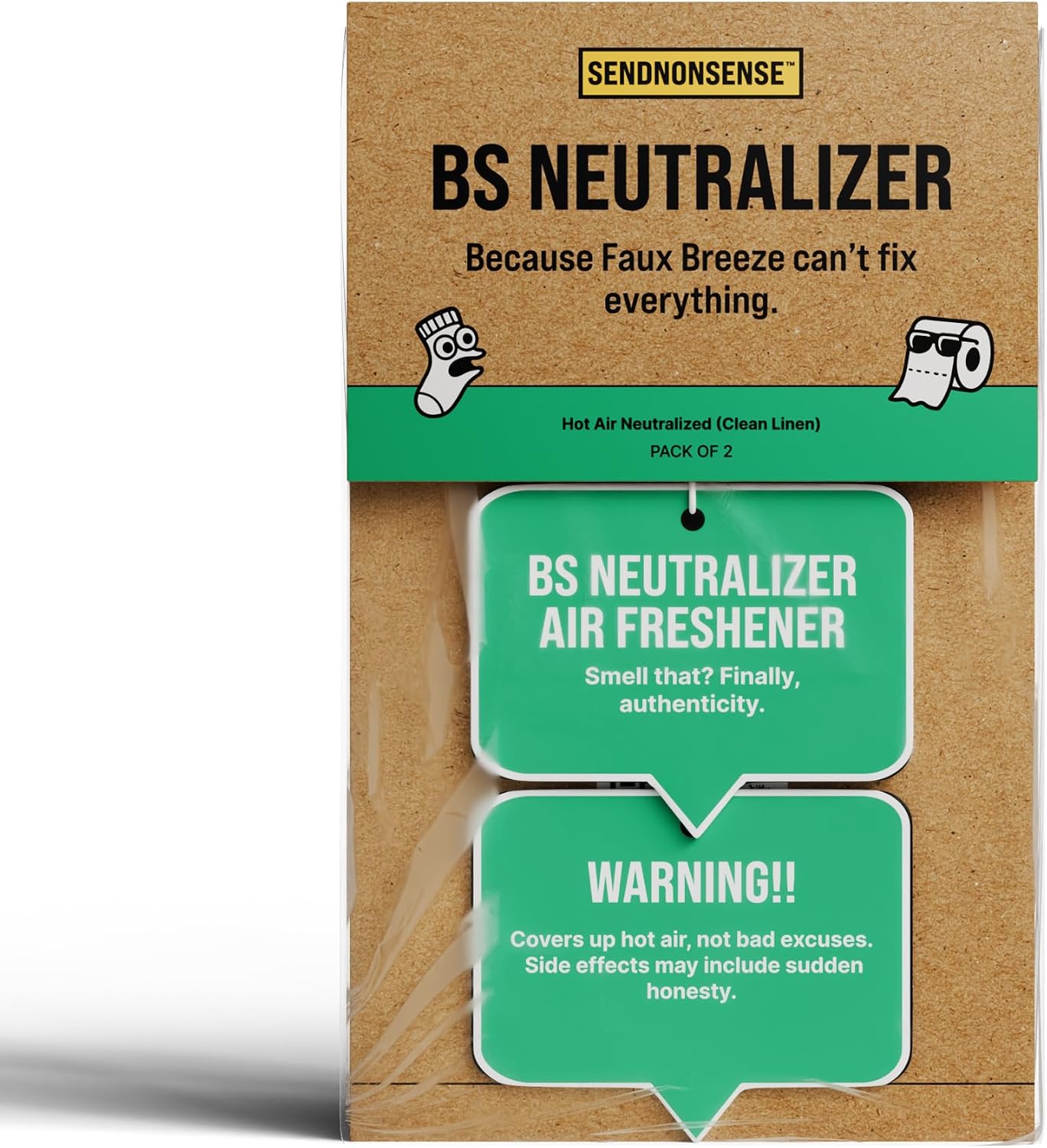 Funny Car Air Freshener – BS Neutralizer – 2-Pack, Clean Linen Scent, Joke & Gag Gift for Cars by SendNonsense. The perfect April Fools prank gift.