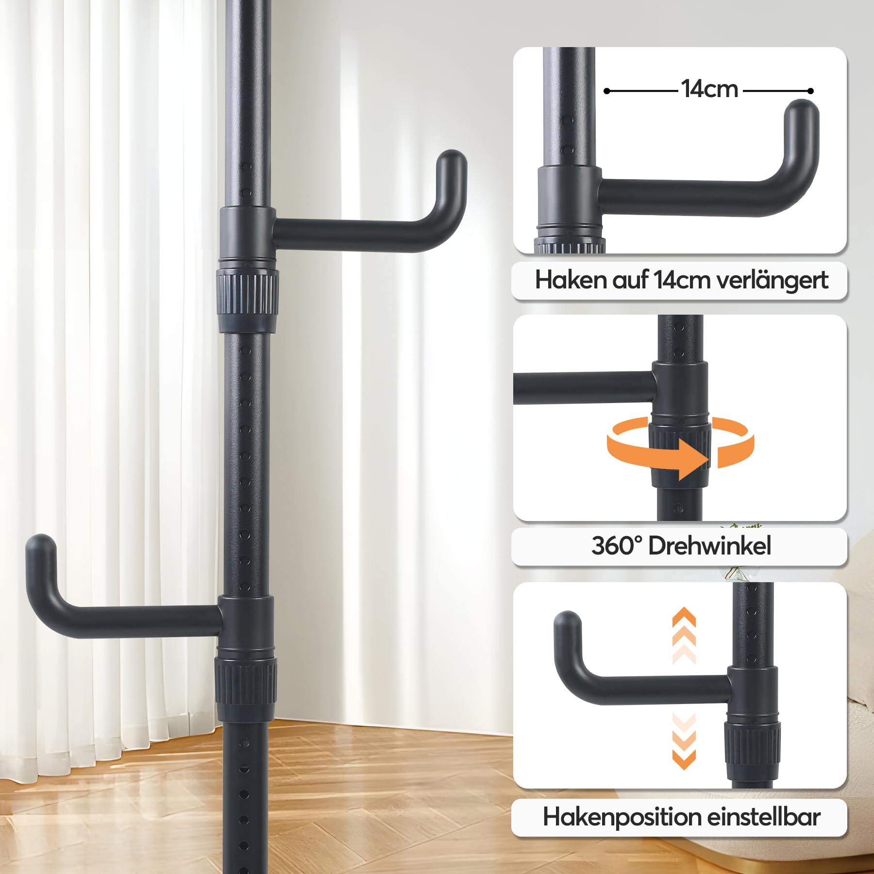 Teleskop kleiderständer mit 5 Haken, Schwarz Garderobenständer Ausziehbar 110-310cm, Kleiderstange Decke Ohne Bohren für Flur Schlafzimmer Wohnzimmer Büro Kleidung Hüte Taschen