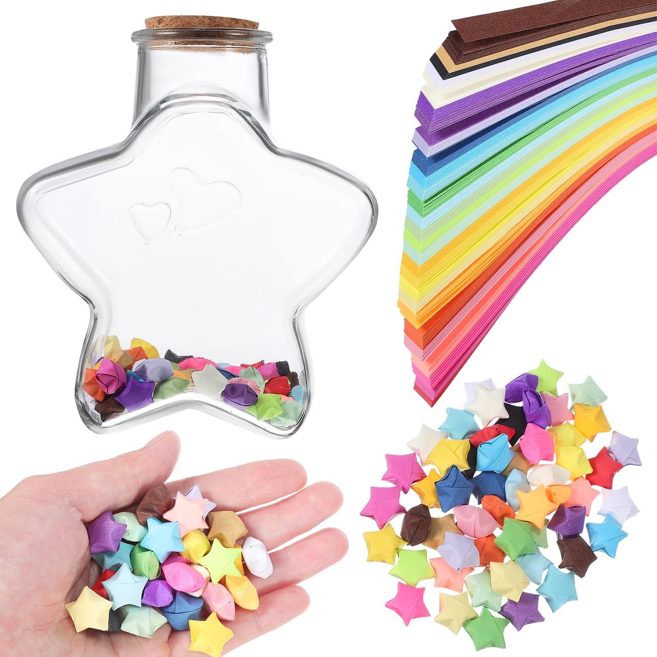 Zerodeko Rainbow Origami Star Paper Strips with Glass Wishing Bottle Set for Birthday and Room Decoration Diy Crafts 3.15 Inch Folding Paper Stars