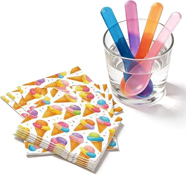 Dessert Table Bundle, 40 Color Changing Spoons and 40 2-Ply Paper Napkins, Colorful Cone Pattern Serving Set for Summer Events, Catering, Cafe and Adult Gatherings