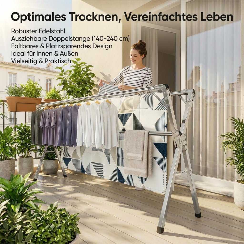 Wäscheständer aus Edelstahl klappbar, Wäschetrockner für Innen & Außen, verstellbar 140–240 cm, Jede Stange bis 60 kg belastbar, 40 Winddichte Kleiderhaken, großer Kleiderständer