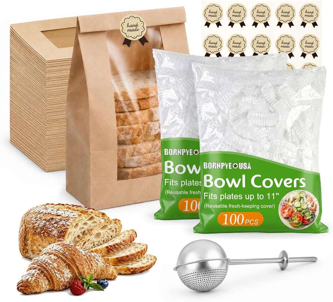 Sourdough Baking Kit with 200 Reusable Bowl Covers for Bread Proofing, 50 Bread Bags with Window & Stickers, Stainless Steel Flour Duster Set for Homemade Sourdough Bread Baking Accessories