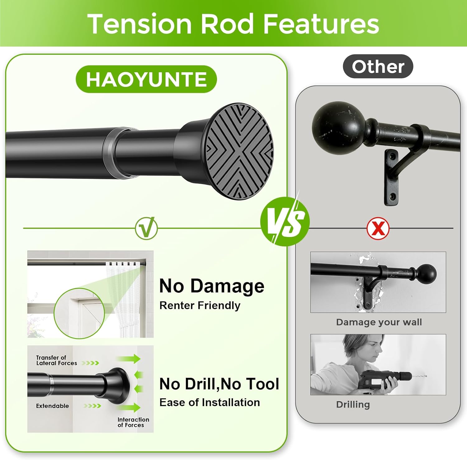 2Pack Tension Shower Curtain Rod No Drilling 32-76 Inch 7/8" Diameter Adjustable Spring Curtain Rod No Rust Spring Tension Rods for Window Doorway Shower Stall, Black