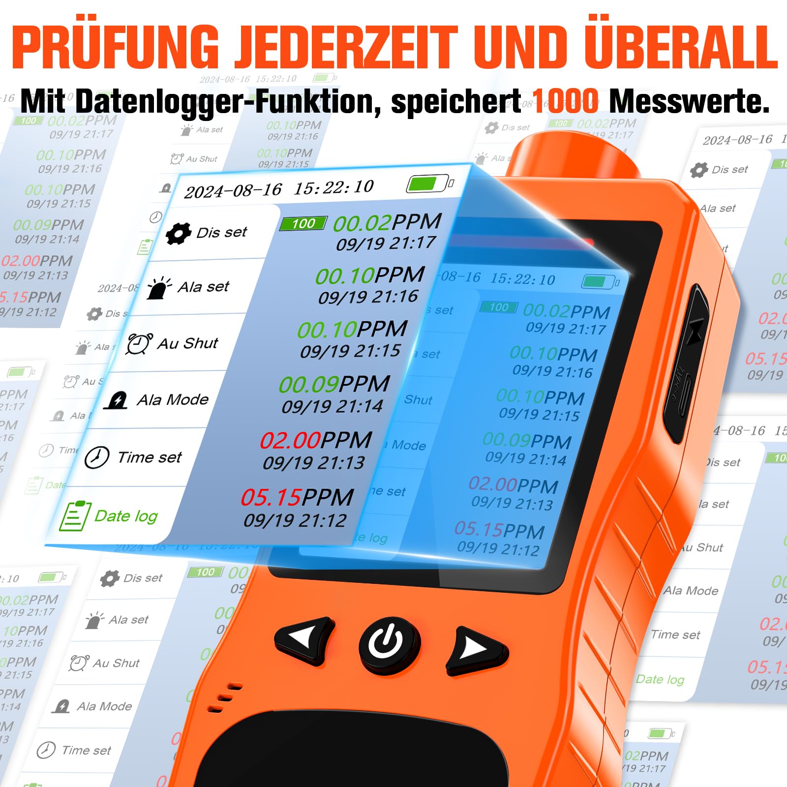 Tragbarer Ozondetektor, 0-20PPM Ozonmessgerät mit 0,01 PPM hoher Auflösung, Ozonanalysator mit Alarmfunktion, O3 Luftqualitätsmessgerät mit Temperatur und Feuchtigkeitsprüfer, Orange
