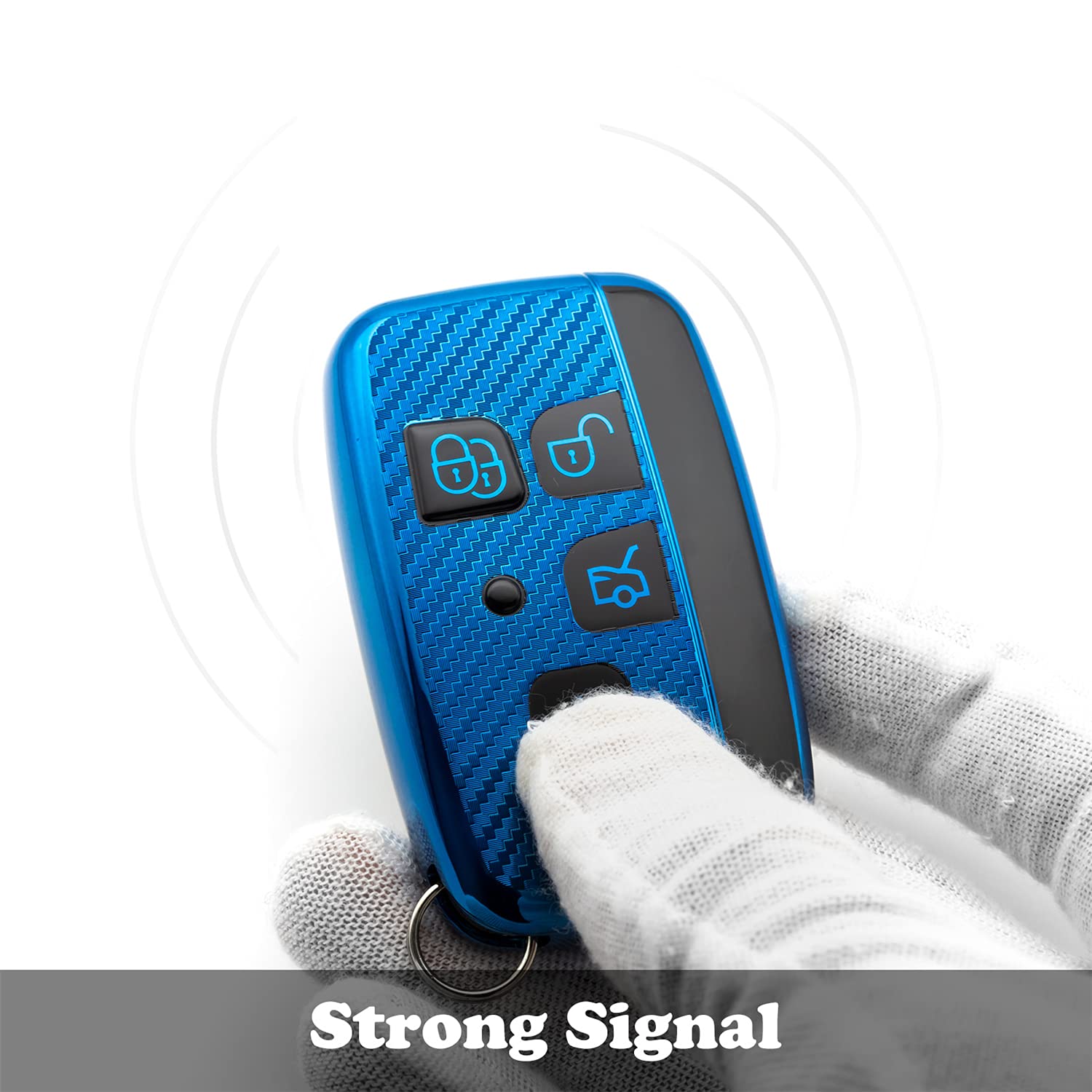 M.JVisun Soft Carbon Fiber Finish Car Key Fob Cover For Land Rover Discovery 4/Sport Freelander 2 For Range Rover Evoque/Sport/Velar Electroplated TPU Case With Metal Keychain - Blue — view 4