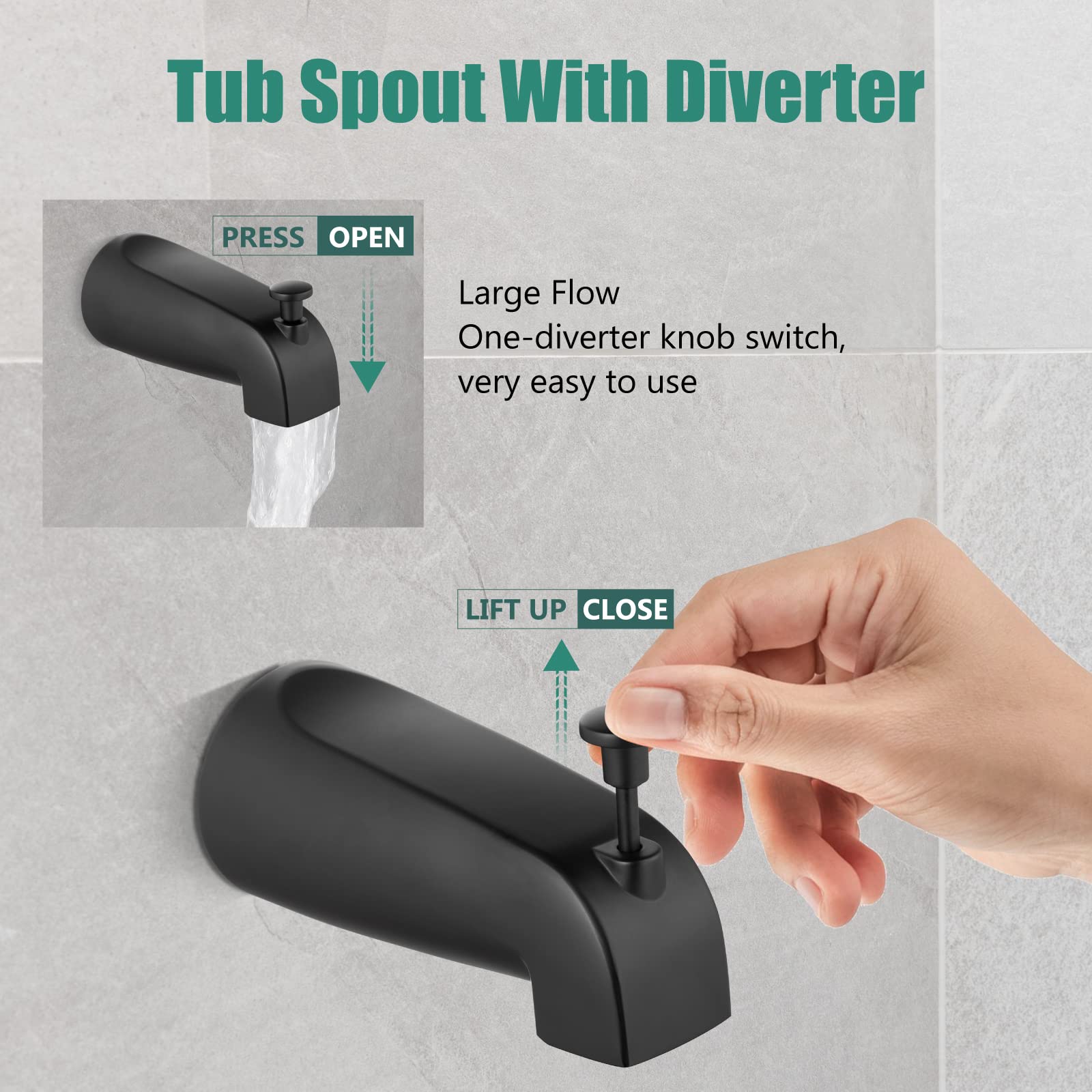 Heyalan Matte Black Shower Faucet Set with 6-Inch Square Showerhead 2 Function Shower Trim Kit with Solid Brass Male Thread Rough-in Valve Single-Handle Shower System with Tub Spout