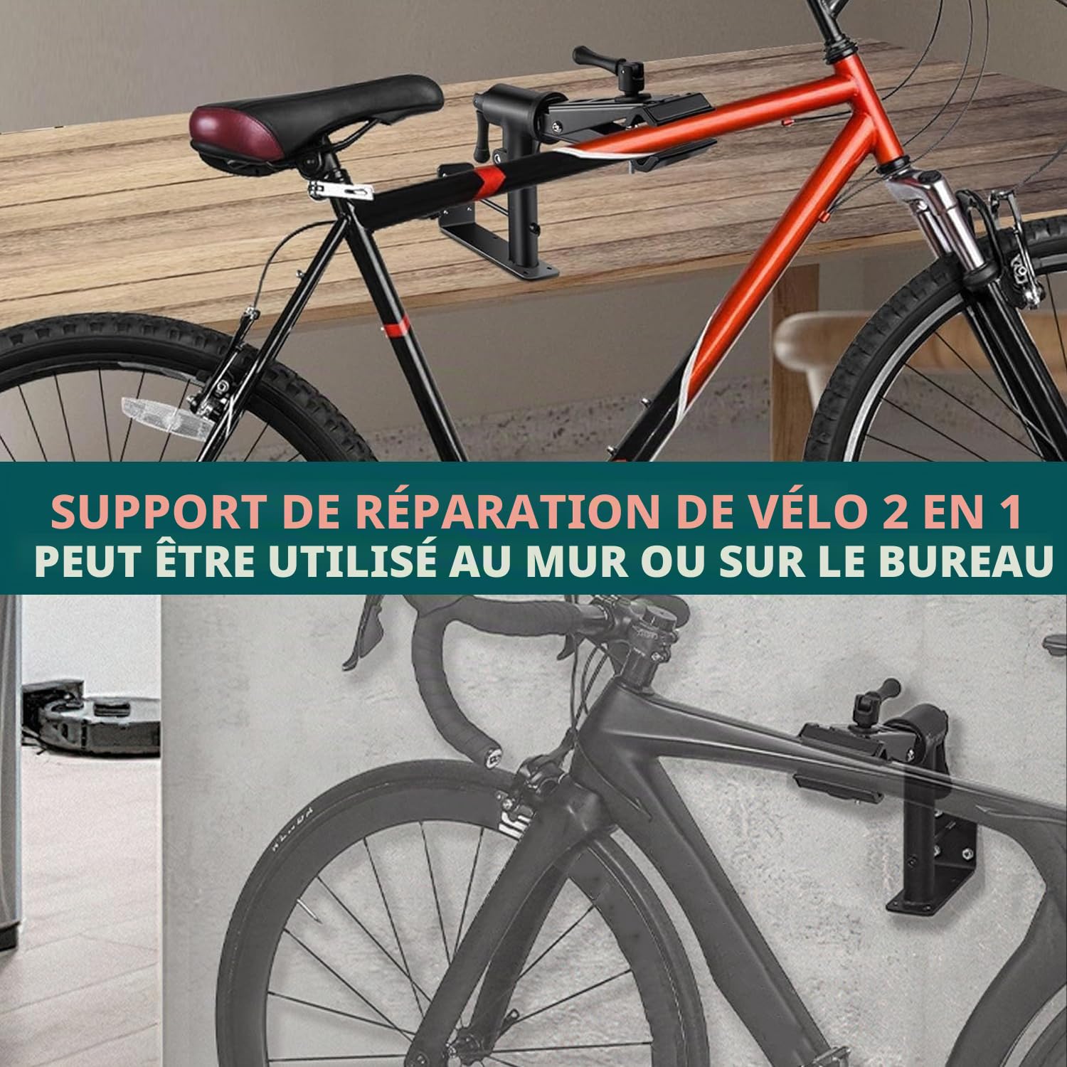 Support de Réparation Vélo 2 en 1 - Porte-Vélo Mural et d'Atelier en Acier Carbone Réglable, Structure Stable et Légère pour VTT et Vélos de Course, Capacité 40kg