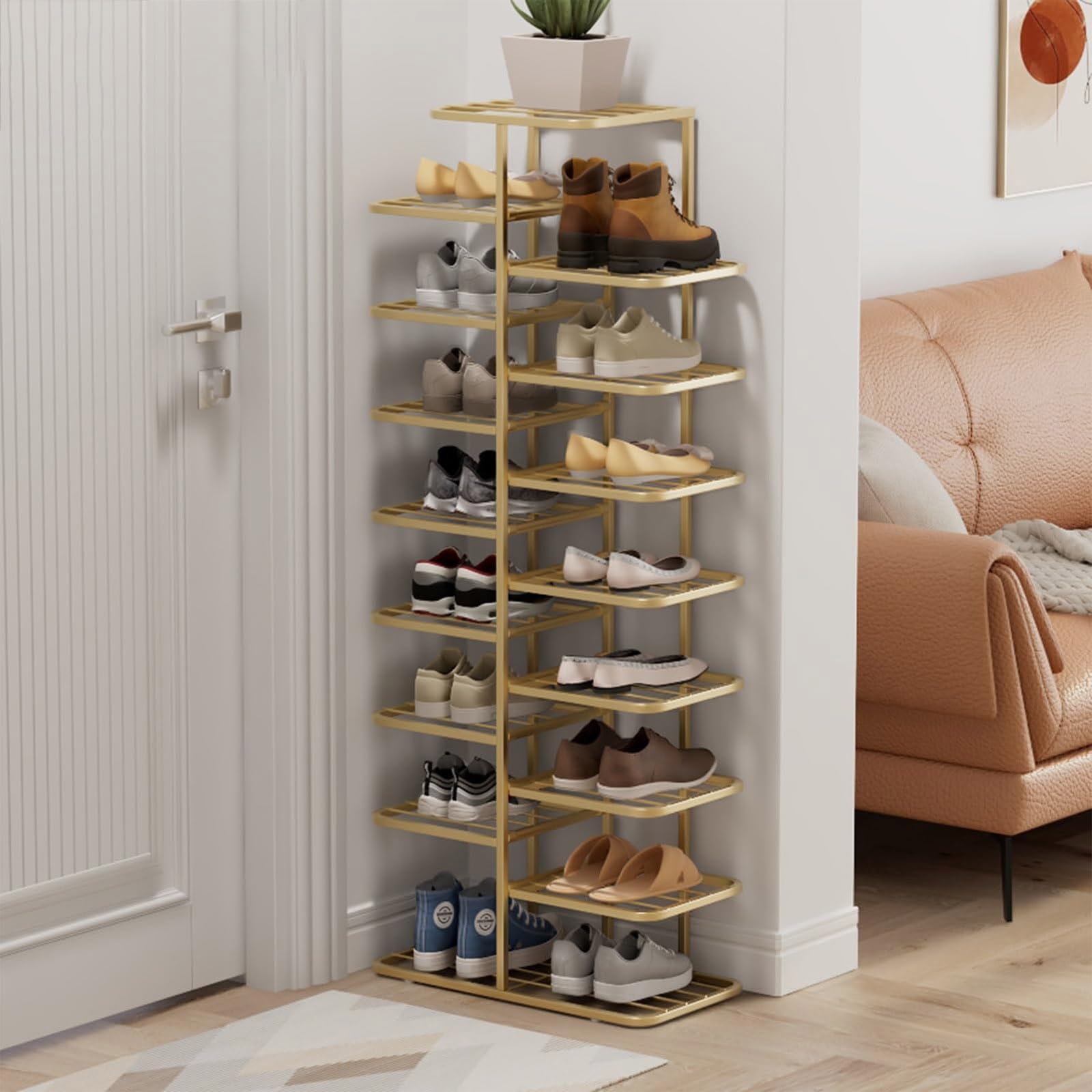 Gold Shoe Rack, 3-10 Tier Vertical Storage Tower, Ripiano a Doppia Fila in Metallo Stretto con Livelli Regolabili per l'armadio Entryway, organizzatore Sottile per Gli Stivali da Tacchi Sneakers