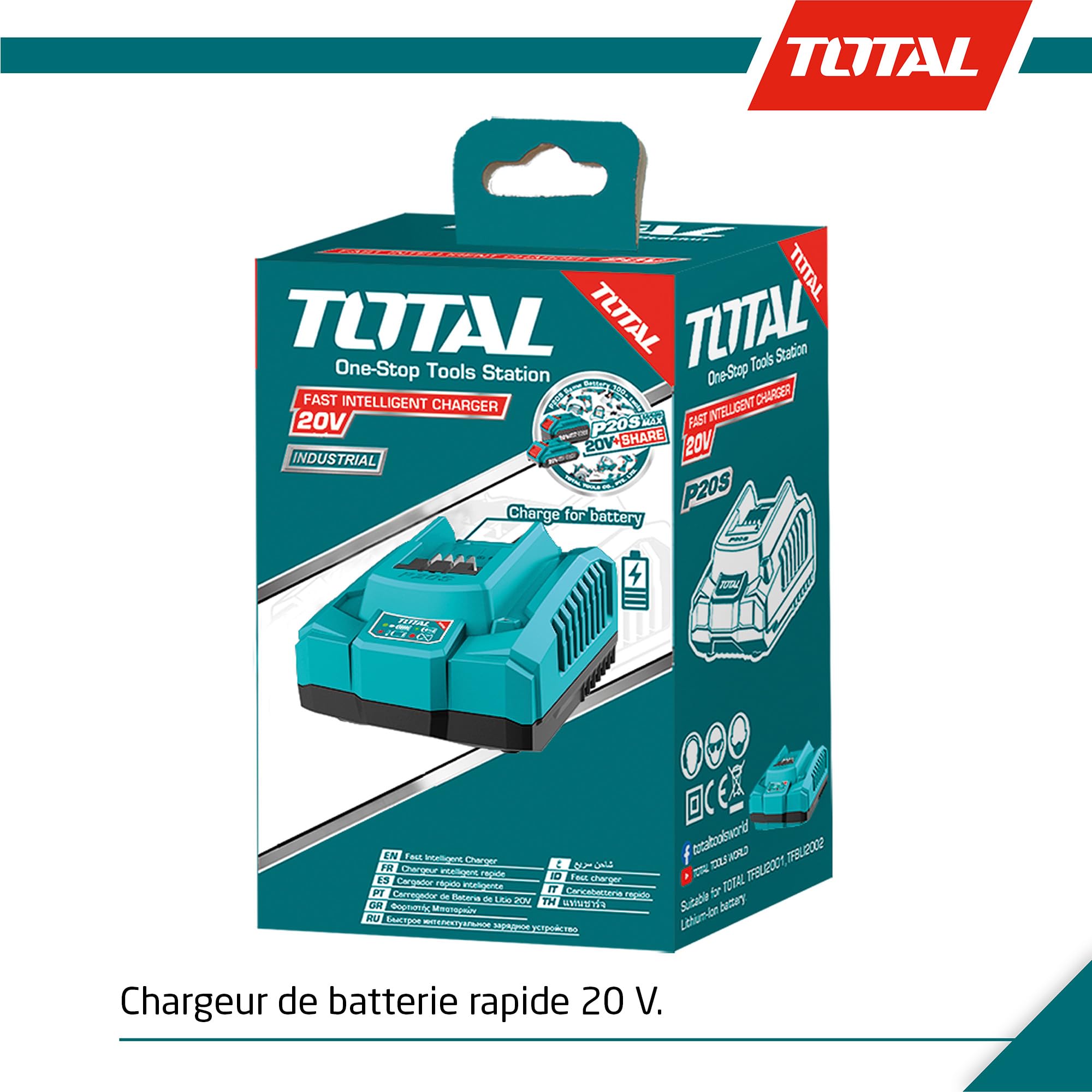 Total Tools - Chargeur Rapide pour Batterie 20 V, Chargeur pour Outils Électroportatifs, Vitesse de Recharge : Batteries 2 Ah en 1/2 h, Compatible avec Outils Électriques P20S