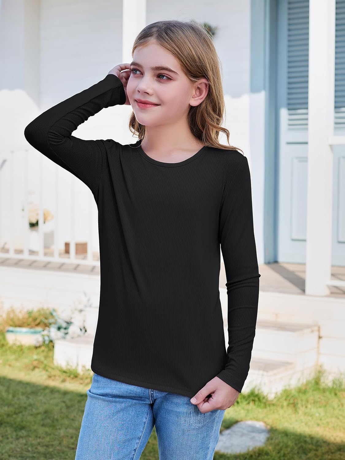 ZDC Girls Long Sleeve Shirts Crewneck Ribbed Knit Slim Fit Tops Casual Tee Shirt 5-14 Years - Image 4