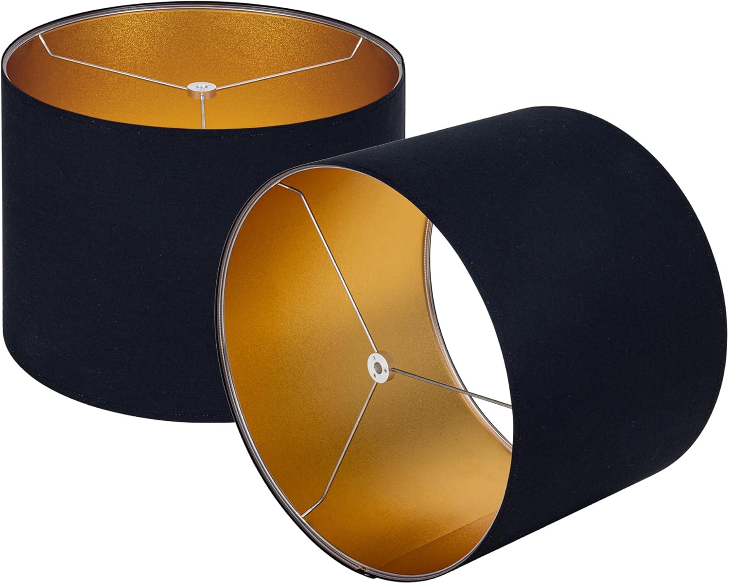 Wellmet Blackgold Set of 2 Drum Lampshades, Easy Assembly Required 16" Top x 16" Bottom x 12" High Replacement Lamp Shades, Fabric Lampshades for Table Lamps Floor Lamps, Metal Spider Fitter BlackGold 16 x 16 x 12inch