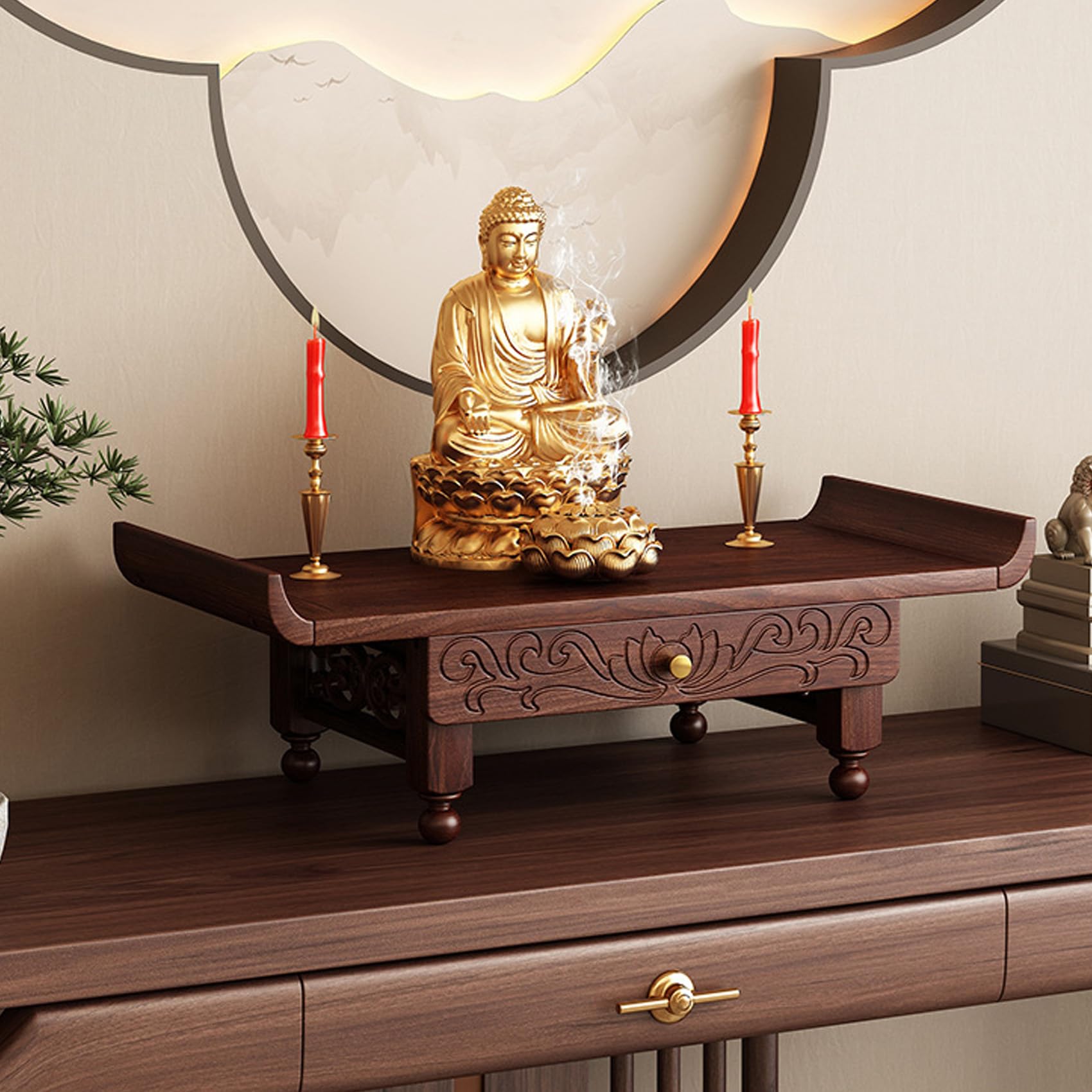 Table d'autel murale en bois massif, sculptée à la main avec tiroir coulissant pour encens et méditation, support de prière zen peu encombrant pour la maison