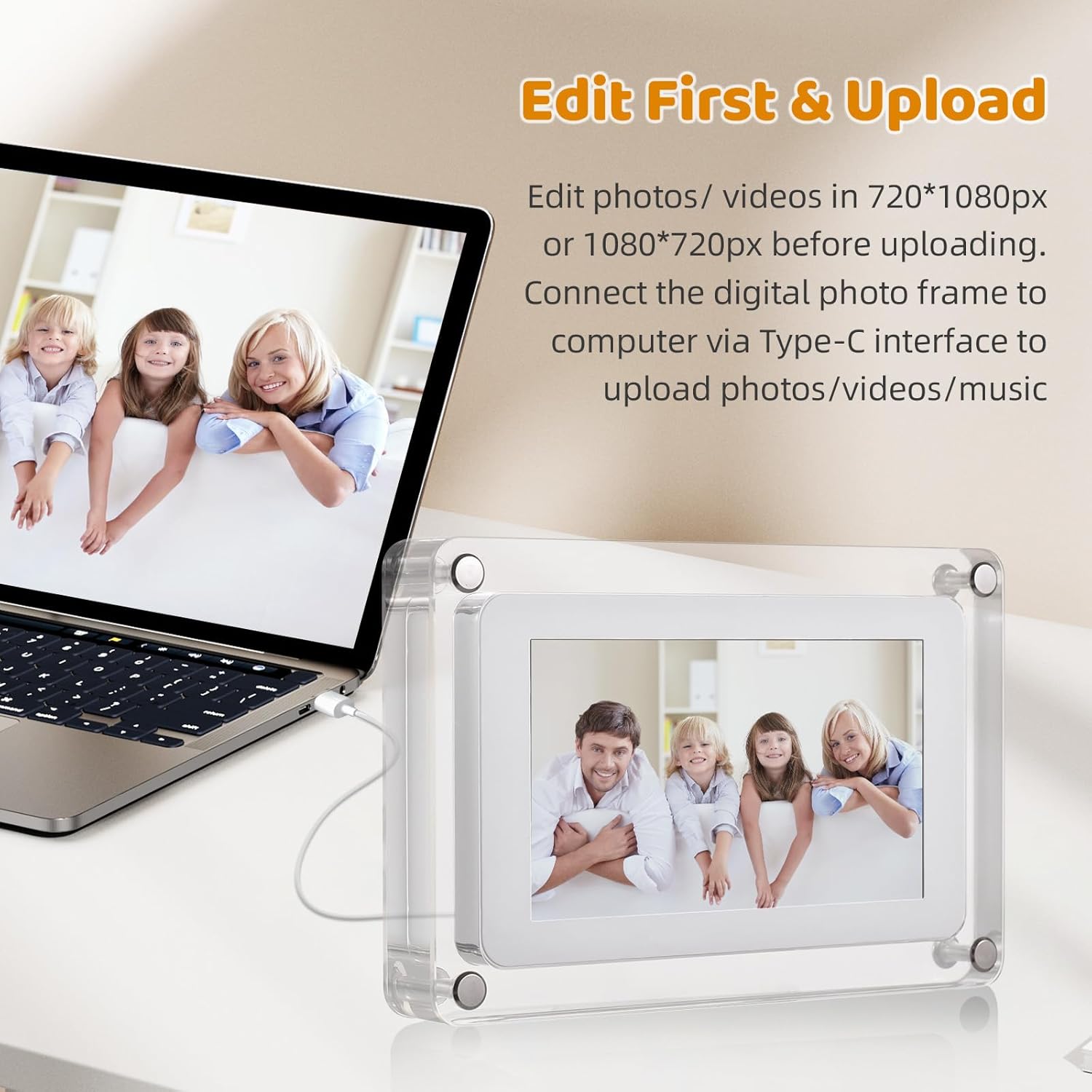 Andoer digital photo frame connected to a laptop via a Type-C cable, displaying a photo of children, with text 'Edit First & Upload'.