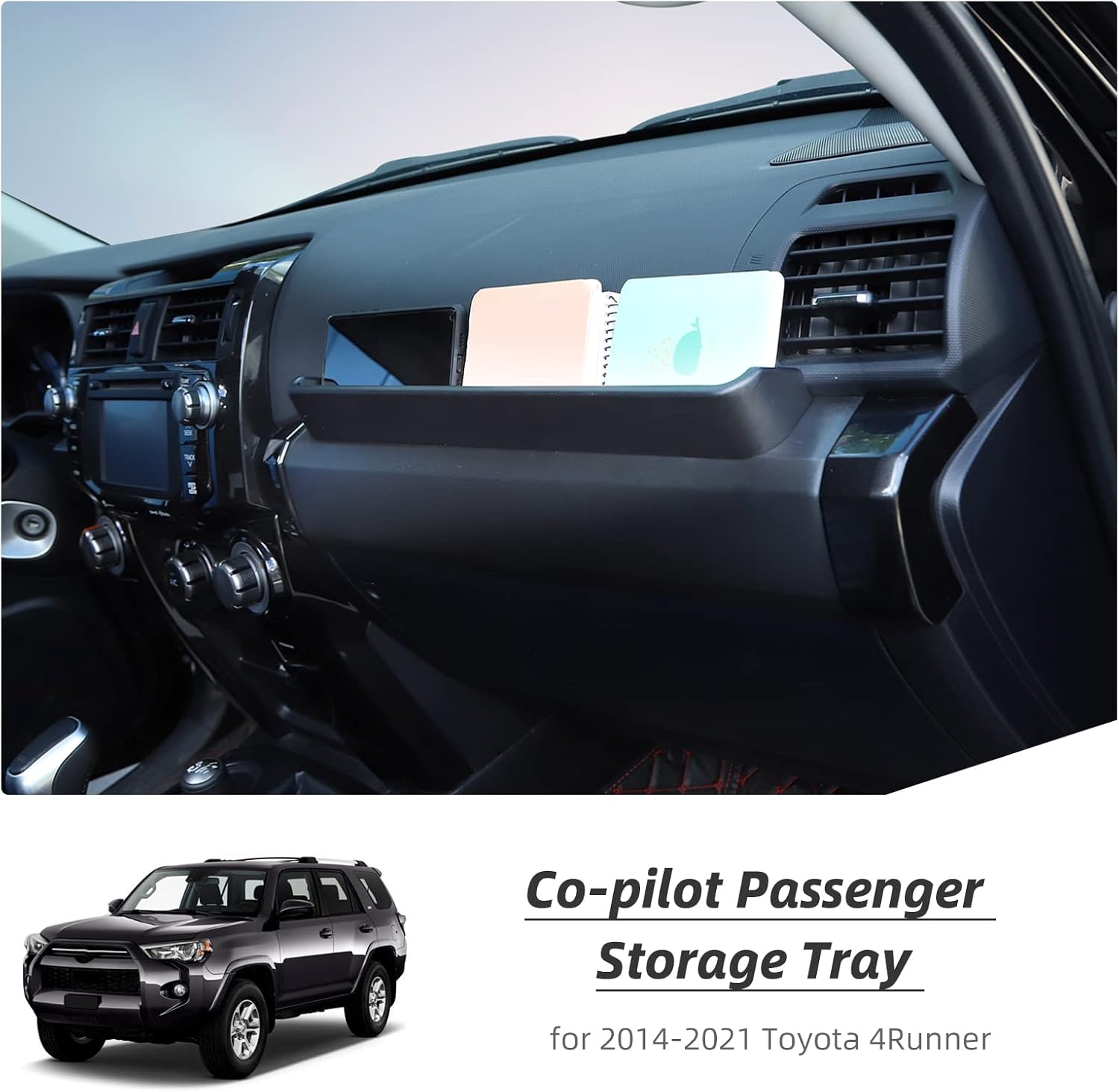 Hoolcar Copilot Armrest Storage Box Passenger Grab Tray Organizer for 2014-2020 Toyota 4Runner, Interior Storage Expansion Accessories, Black