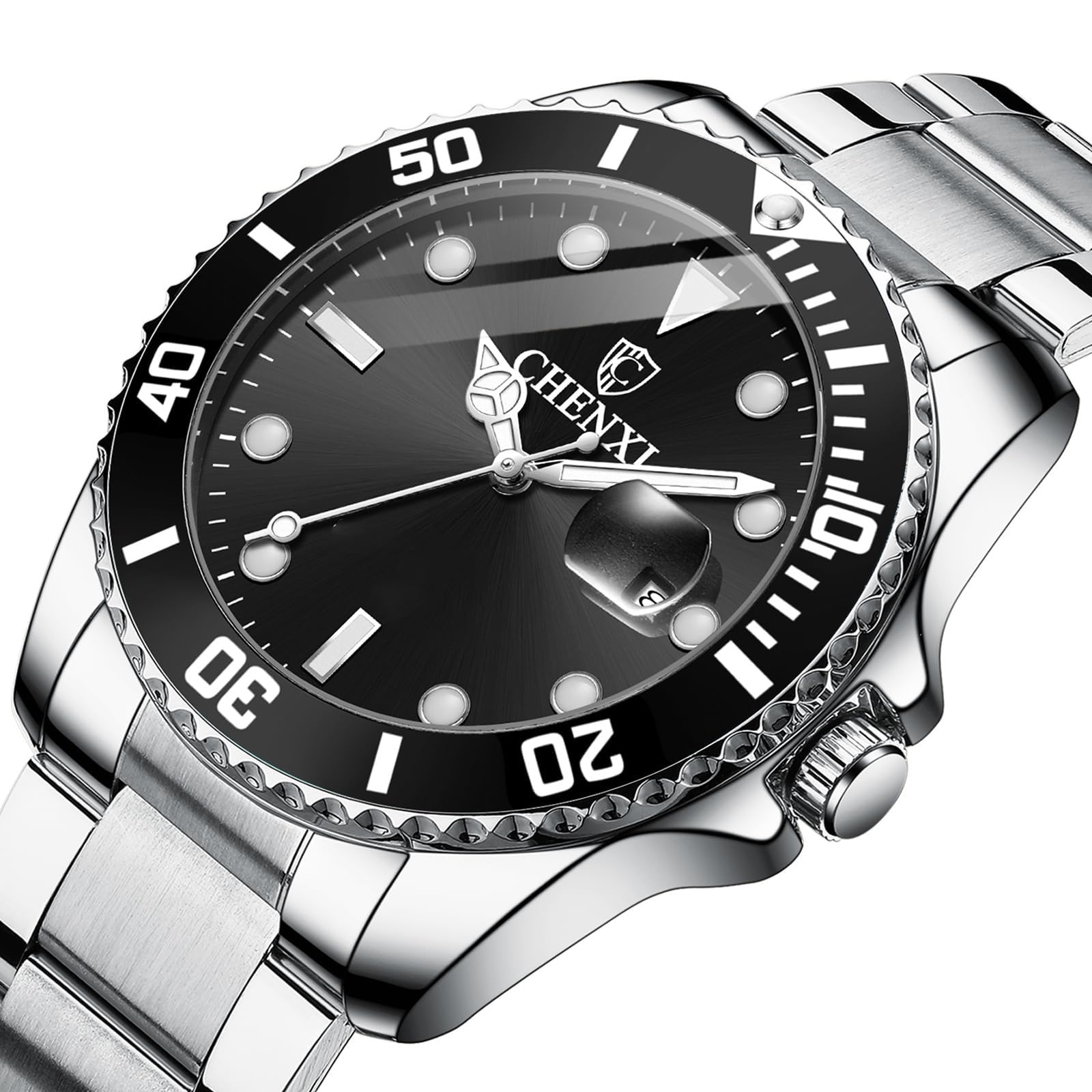 MASTOP Men Silver Stainless Steel Watches Rotatable Bezel Calendar Waterproof Black Dial Luminous Wristwatch (Black)