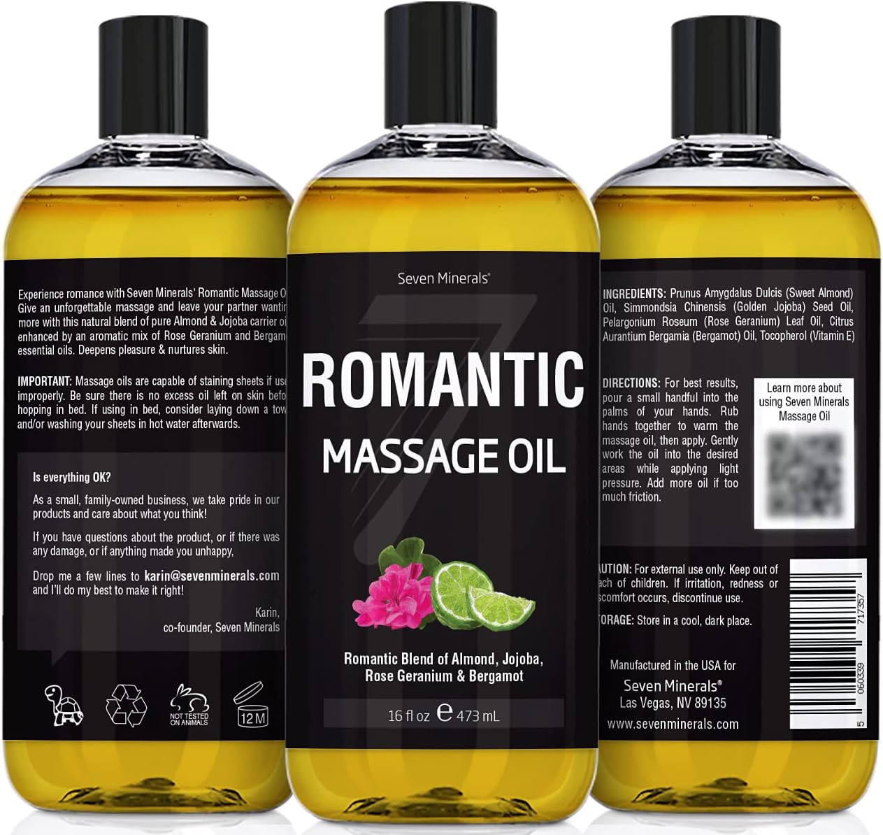 Vegan Romantic Massage Oil for Massage Therapy & Couples Massage - Big 16oz Bottle - Massage Oil That Relaxes The Body & Mind - Sensual Blend of Almond, Jojoba, Rose Geranium, Bergamot, & Vitamin E : Health & Household