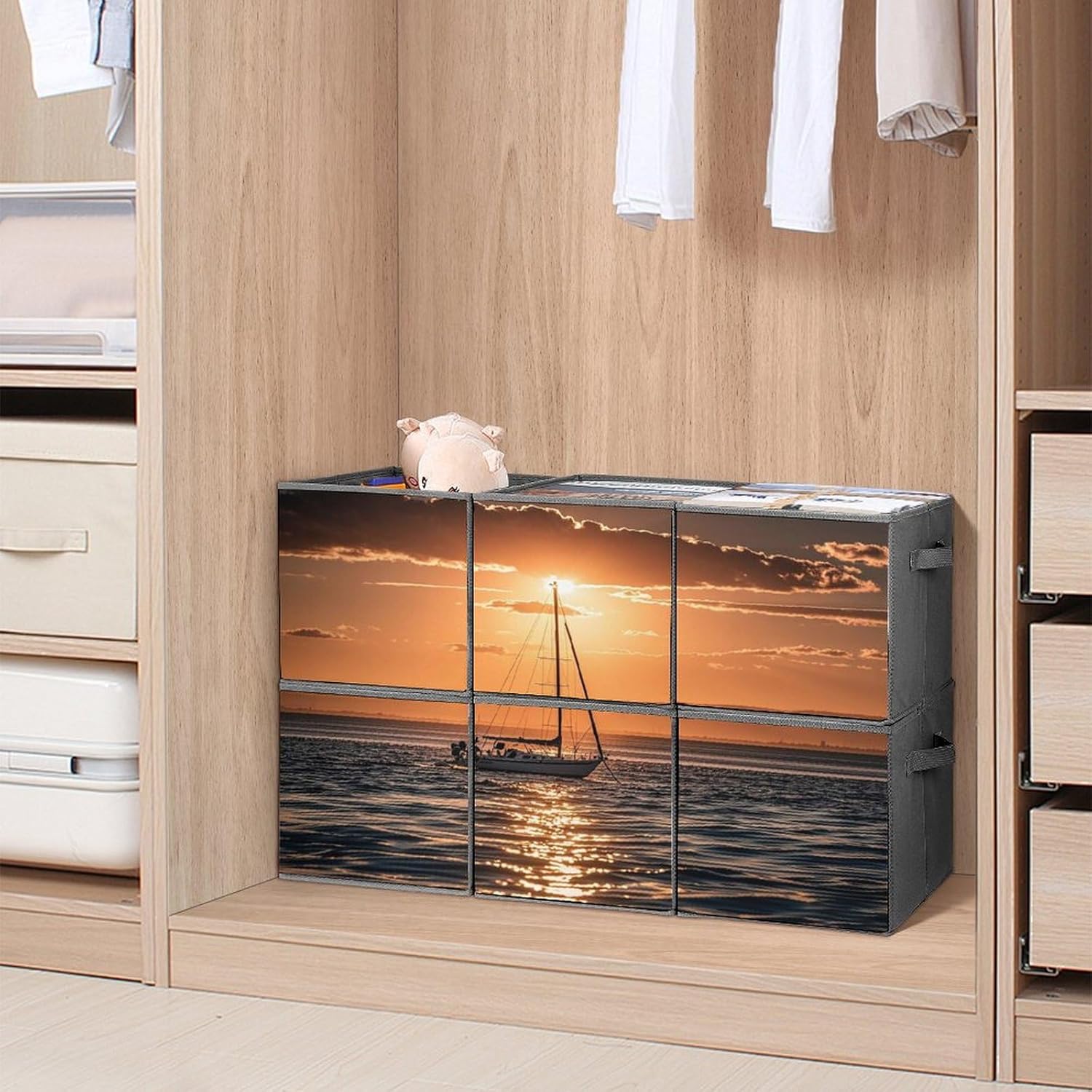 Multi Use Organizer Bins, Sunset Seascape Sailboat Floating Printed Storage Bins, Foldable Storage Baskets Are Suitable For Bedrooms, Offices, And Cars