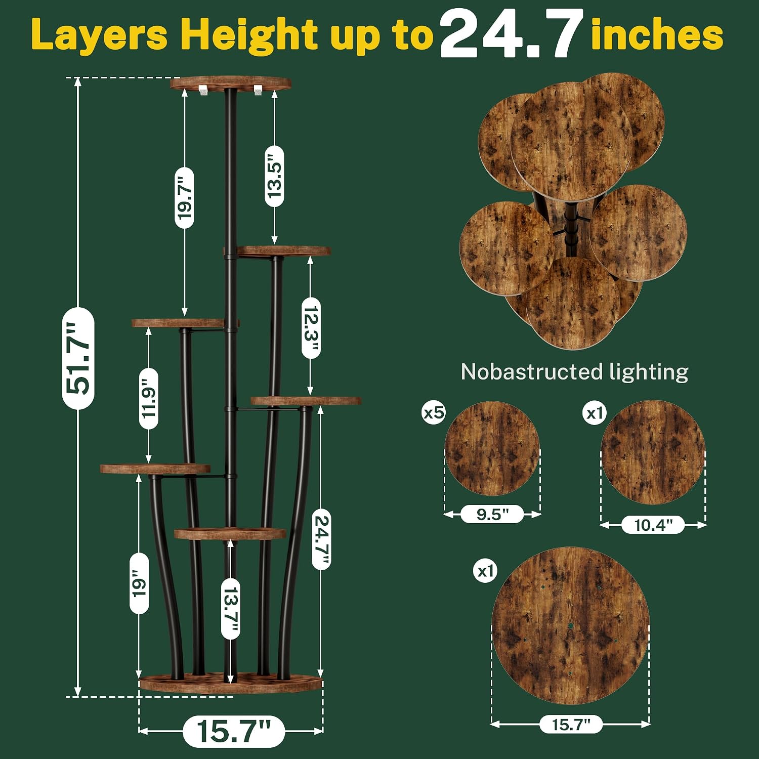 7 Tiered Plant Stand Indoor with Grow Light, 51.7" Mushroom-Shaped Plant Shelf, Large Corner Display Shelves for Indoor Plants Multiple Metal Flower Holder for Living Room Balcony Patio Decor