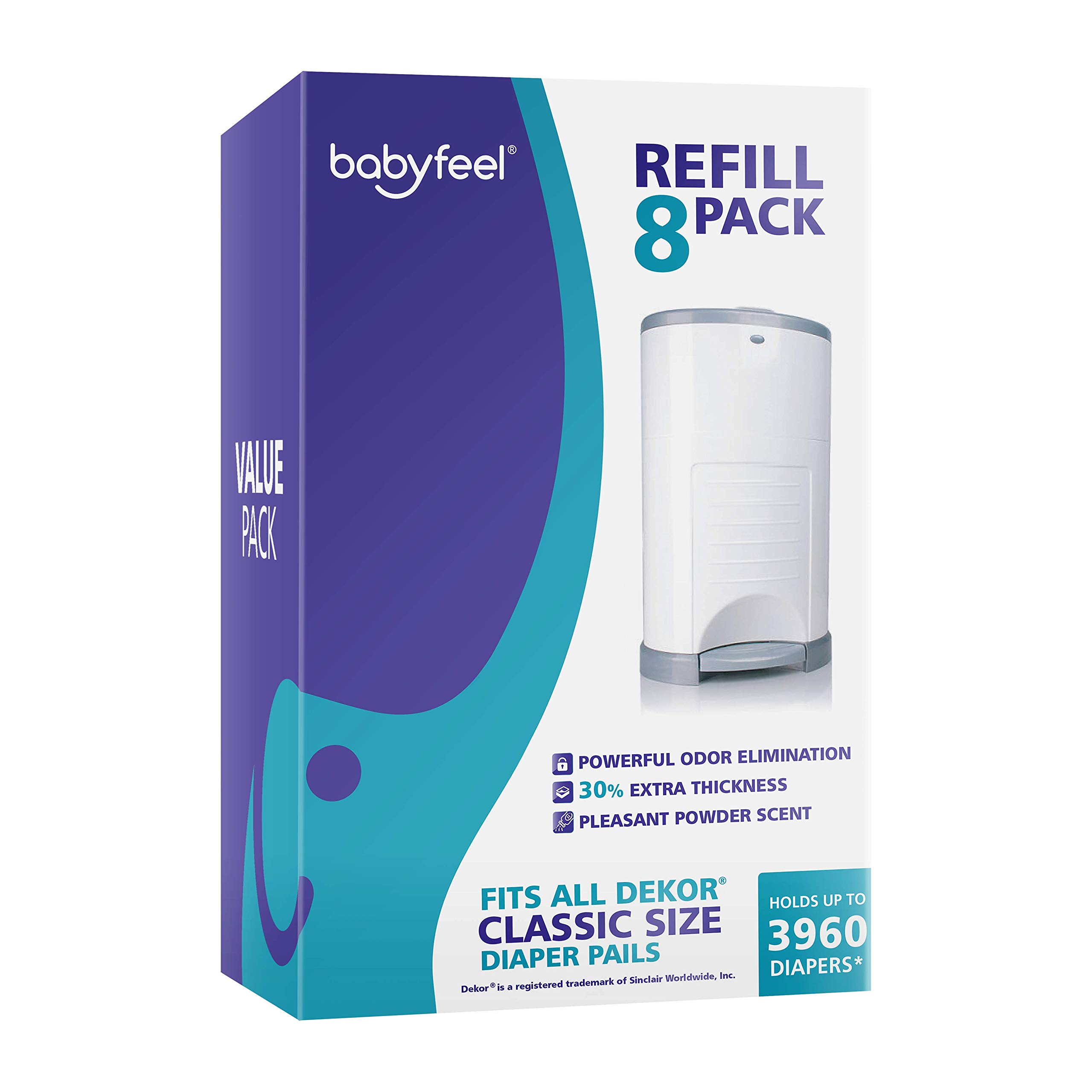 Photo 1 of Babyfeel Refills Compatible with DEKOR CLASSIC Diaper Pails | 8 Pack | Exclusive 30% Extra Thickness | Diaper Pail Refills with Powerful Odor Elimination | Powder Scent | Holds up to 3960 Diapers