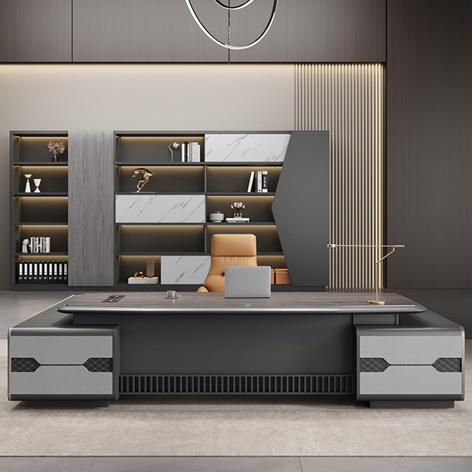 Grey L Shaped Computer Desk Executive Office Desk with Lateral Cabinet Gaming Writing Table Business Furniture Set for CEO Boss