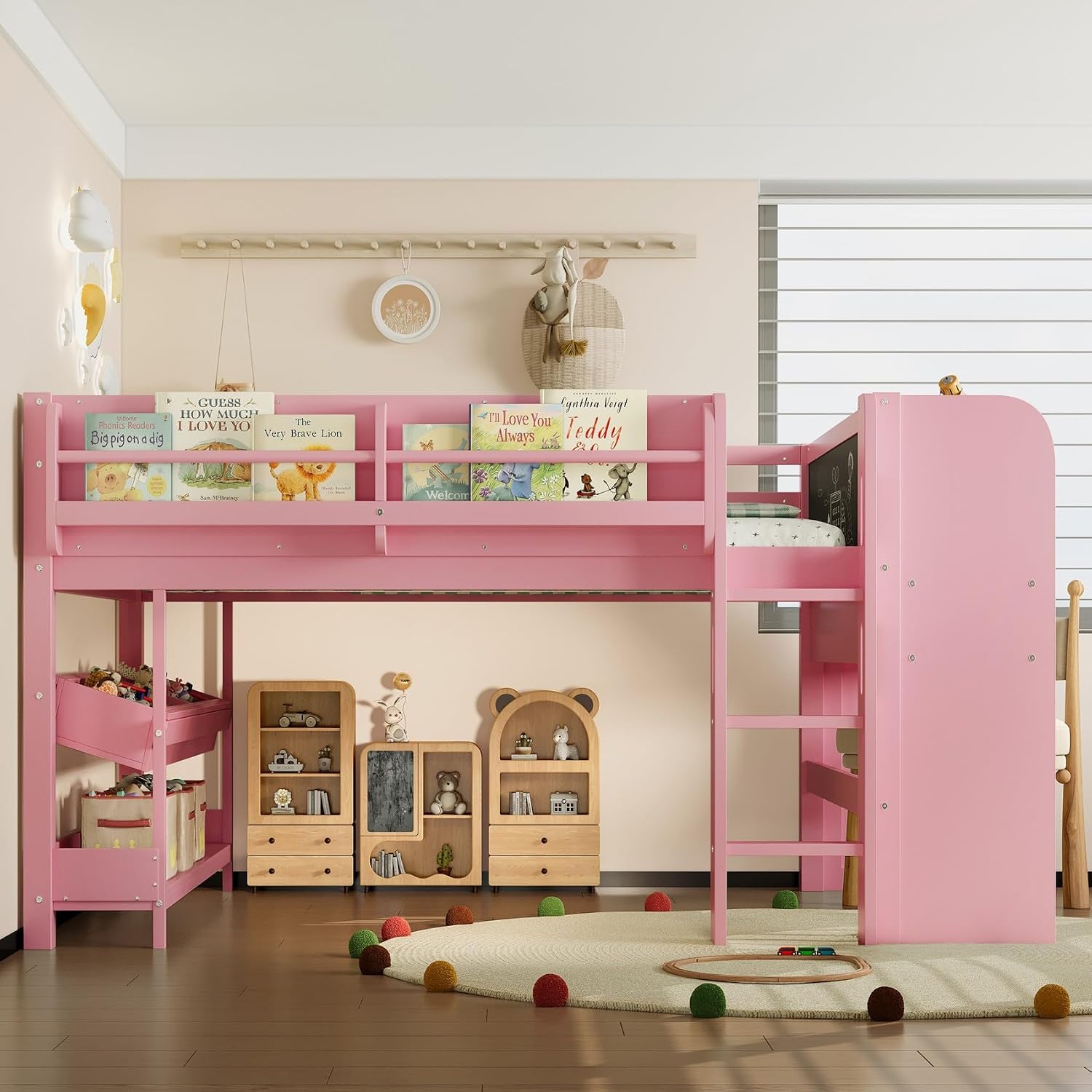 KEIKI Kids Full Size Low Loft Bed Frame with Desk and Blackboard, Solid Pine Wood Modern Full Bed Frame with Bookcases, Drawers, Storage Boxes, Safety Guardrail, Ladder for Teens Girls Boys