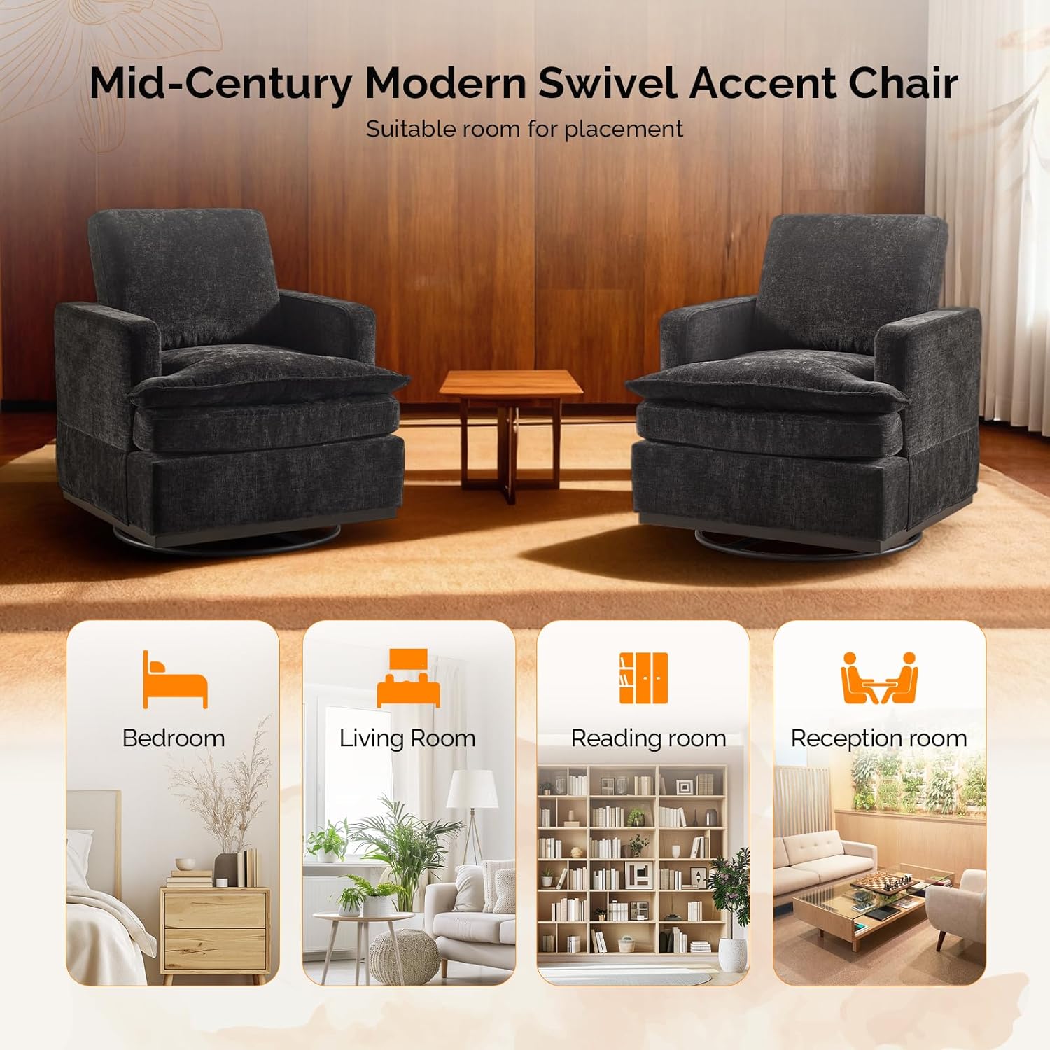 VINGLI 360° Swivel Mid-Century Modern Accent Armchair with Double-Layer Seat Cushions, Comfy Single Square Sofa, Upholstered Club Chair for Living Room,Bedroom, Reading Room, Chenille Black