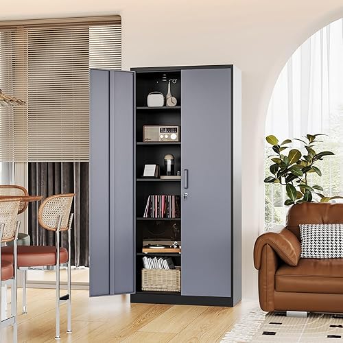 Miniatura 44 de Armario de almacenamiento de metal de 71 pulgadas con cerradura, resistente, gabinetes de herramientas de garaje con puertas y estantes, gabinete