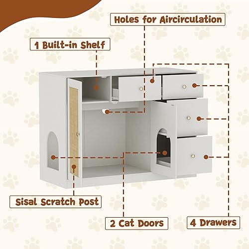 Miniatura 3 de Lovinouse Caja de arena oculta para gatos con almacenamiento, armario de baño de madera para interiores con estante, 4 cajones y poste rascador de