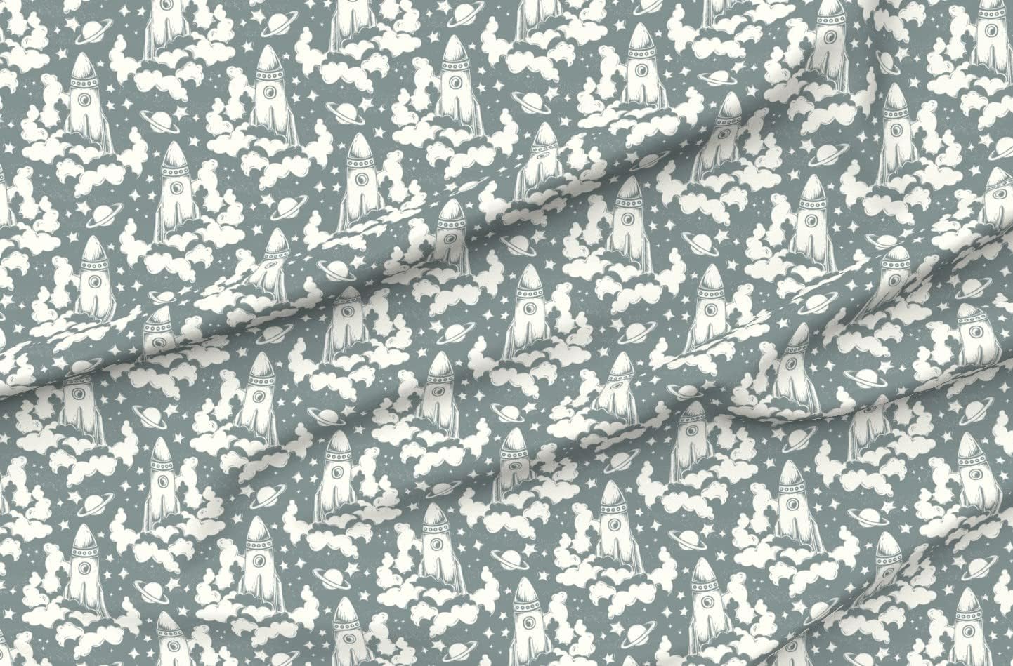 Spoonflower Fabric - Blast Off Moon Planets Stars Space Galaxy Sky Rocket Ship Night Teal Printed on Petal Signature Cotton Fabric Fat Quarter - Sewing Quilting Apparel Crafts Decor