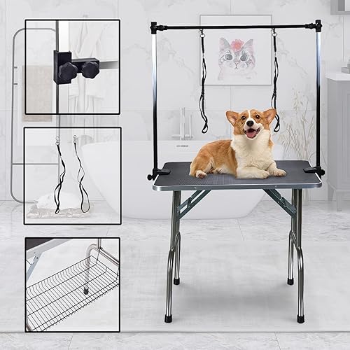 Miniatura 4 de SoarFlash Mesa de aseo plegable para perros y mascotas, mesa de aseo plegable resistente con brazo y lazo y bandeja de malla, capacidad máxima de