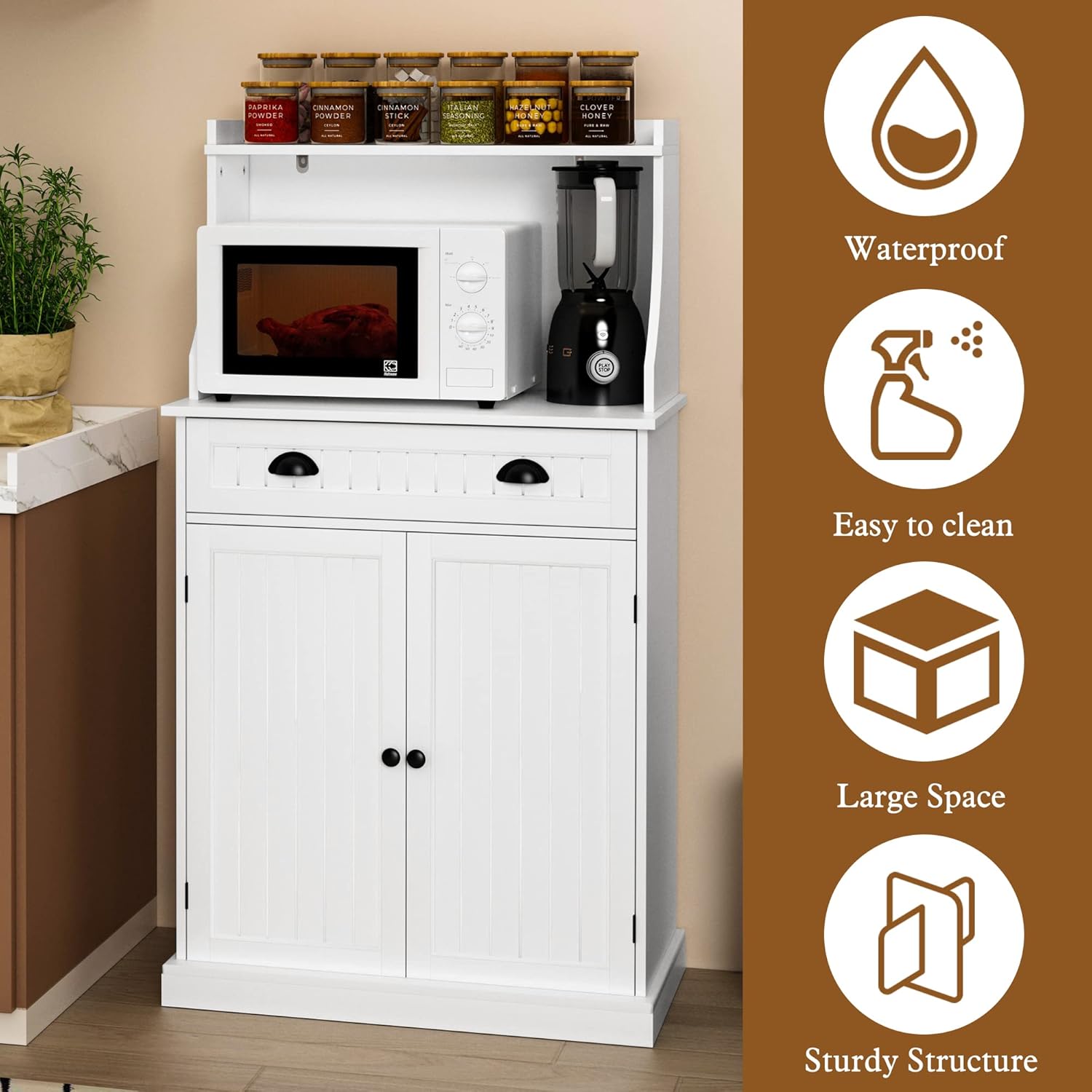 HLR 54" Kitchen Pantry Storage Cabinet with Drawer and Adjustable Shelves, Microwave Oven Cabinet with Doors for Kitchen, Bathroom or Hallway,White