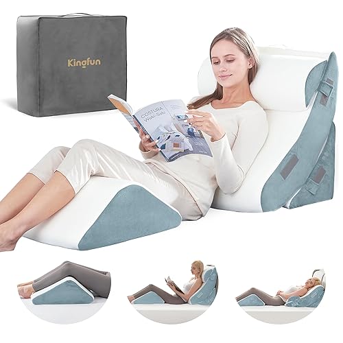 Kingfun 4pcs Orthopedic Bed Wedge Pillow Set for Sleeping, Memory Foam for Sleeping,Breathable Triangle Pillow Wedge, Post Surgery Memory Foam for Back, Leg Pain Relief, Sitting - Navy - 4 Piece Set