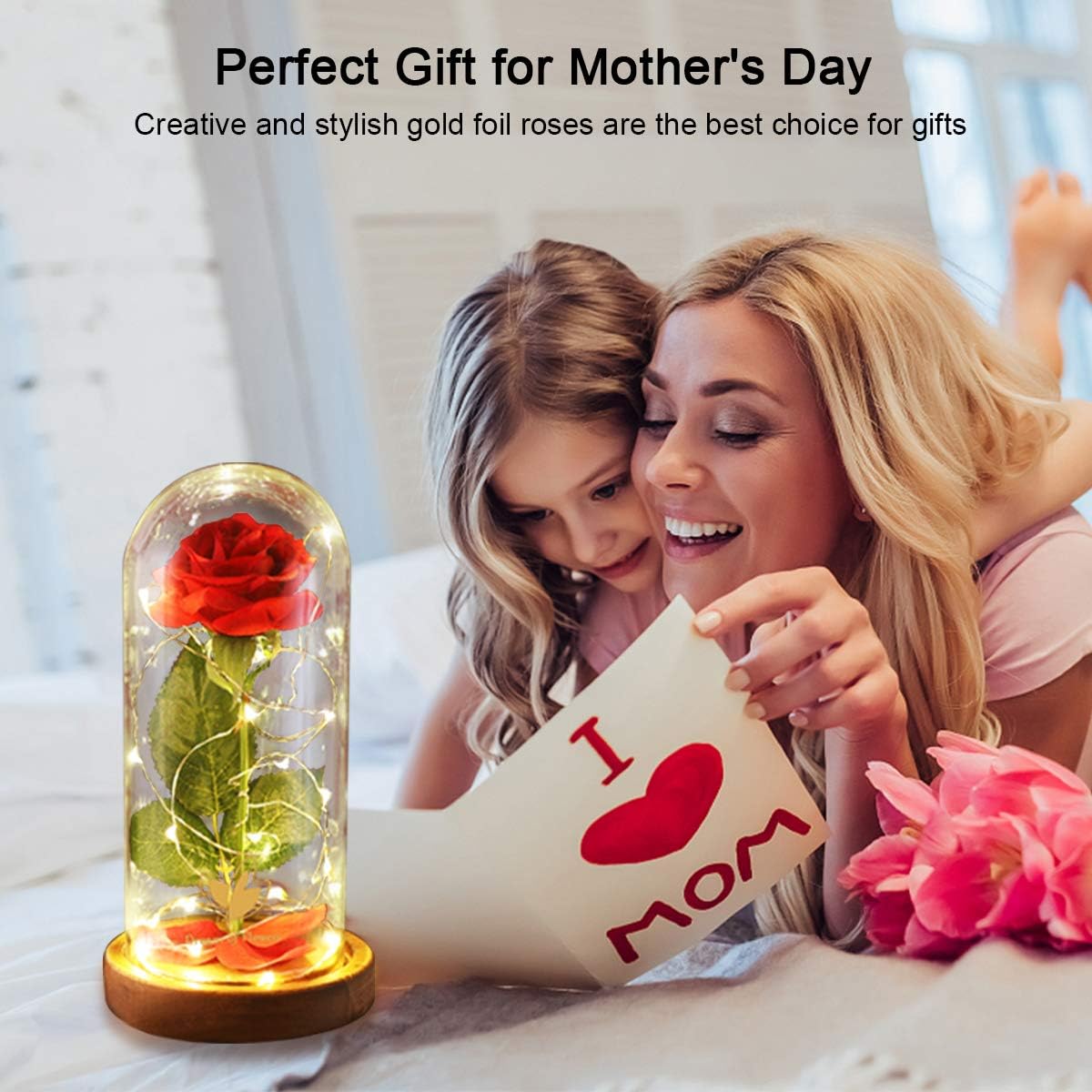 Beauty and The Beast Rose, Valentines Day Gifts for her, Birthday Gifts for Women, Red Rose for Mom Grandma, Eternal Rose in Glass Dome with LED Lights, Valentine Flowers Gift for Wife, or Girlfriend - Image 3