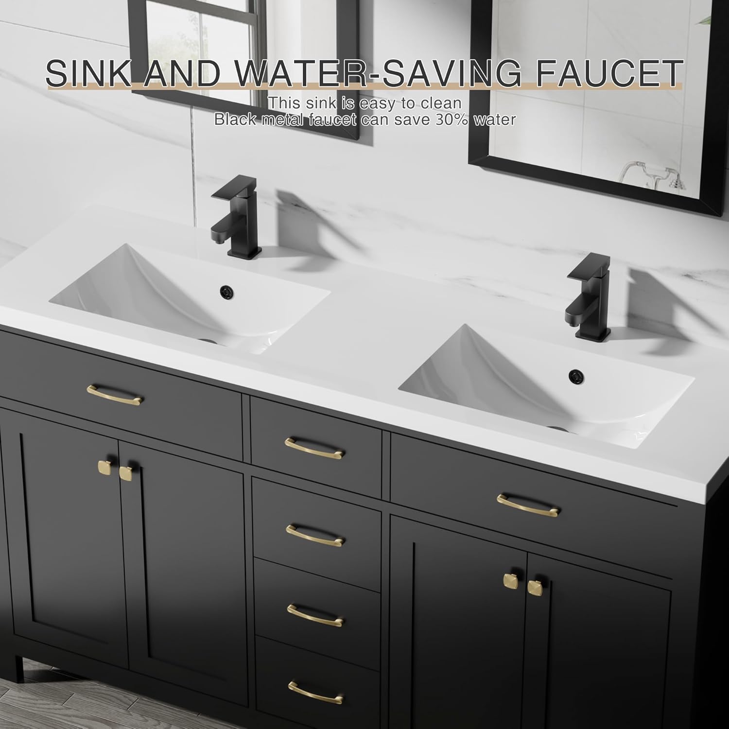 LUCKWIND 60" Bathroom Vanity and Sink Combo, Painted Modern Bathroom Storage Cabinet with Double Sink, Four Doors and Three Drawers, Include Faucet, Without Mirror, Black